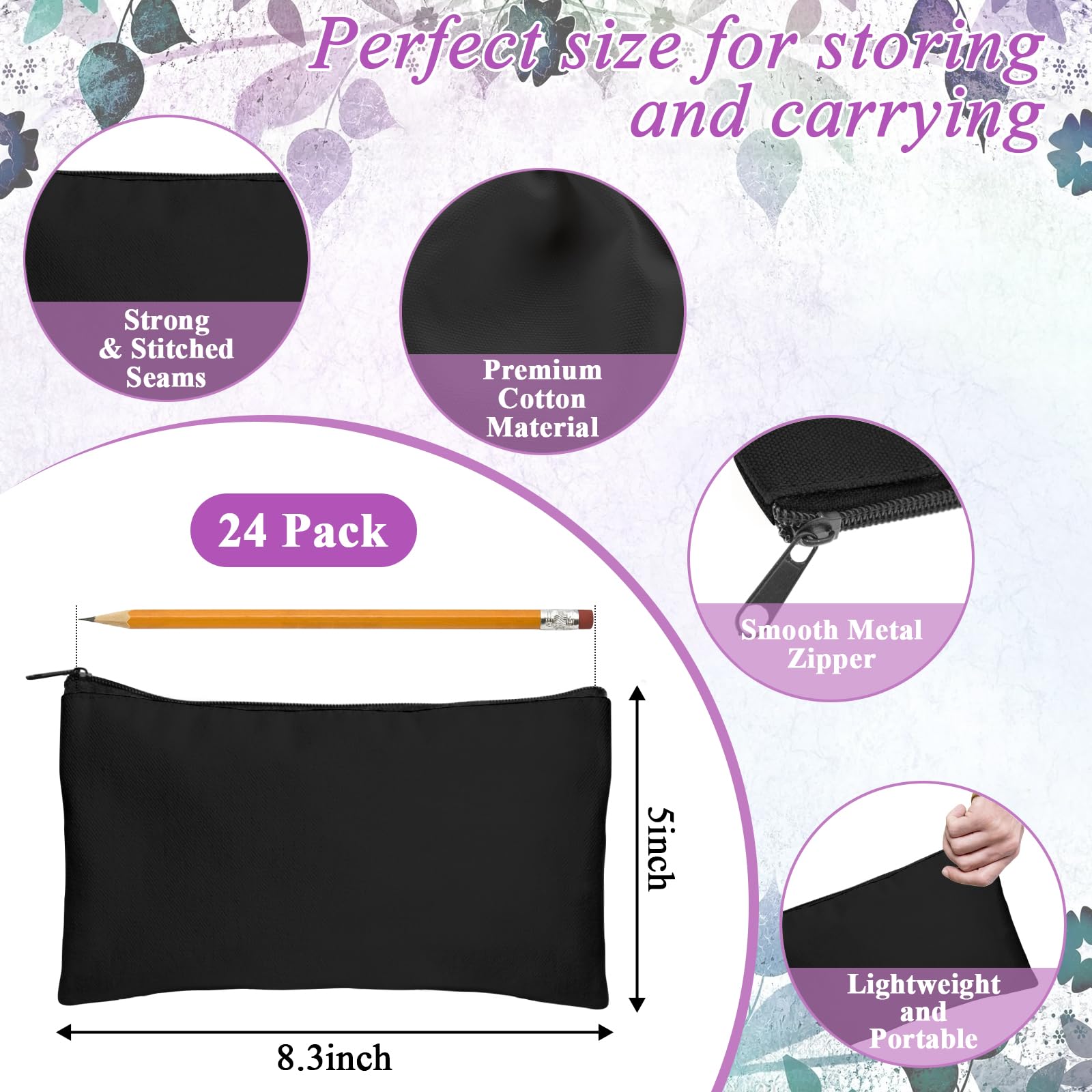 Legigo 24 Pack Black Canvas Makeup Bags DIY Craft Bag- Blank DIY Craft Bag Canvas Pencil Case