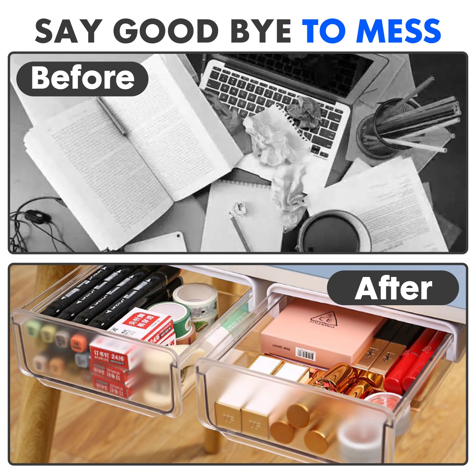 Self-adhesive Under Desk Drawer, 2 Packs Table Hidden Organizer Slide Out Large Storage Desktop