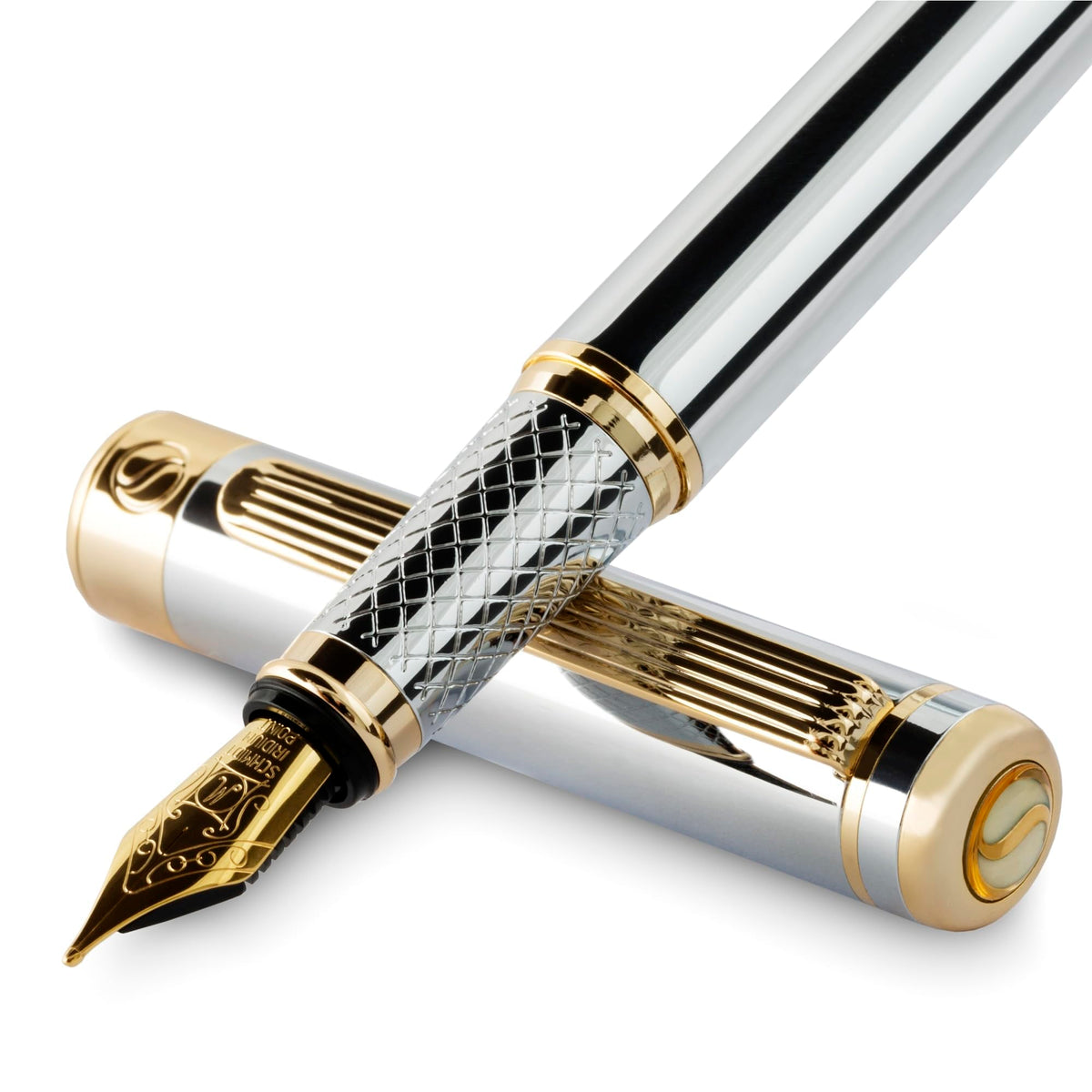 Scriveiner Silver Chrome Fountain Pen - Stunning Luxury Pen, Real Gold Finish Schmidt Gilded Nib