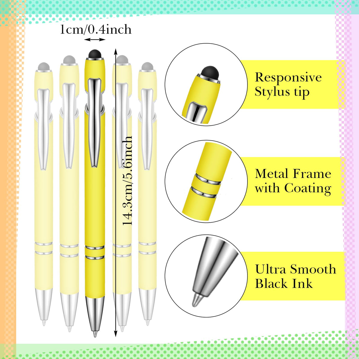 Zonon 38 Pcs Stylus Ballpoint Pens, Metal Rubberized Grip, Yellow