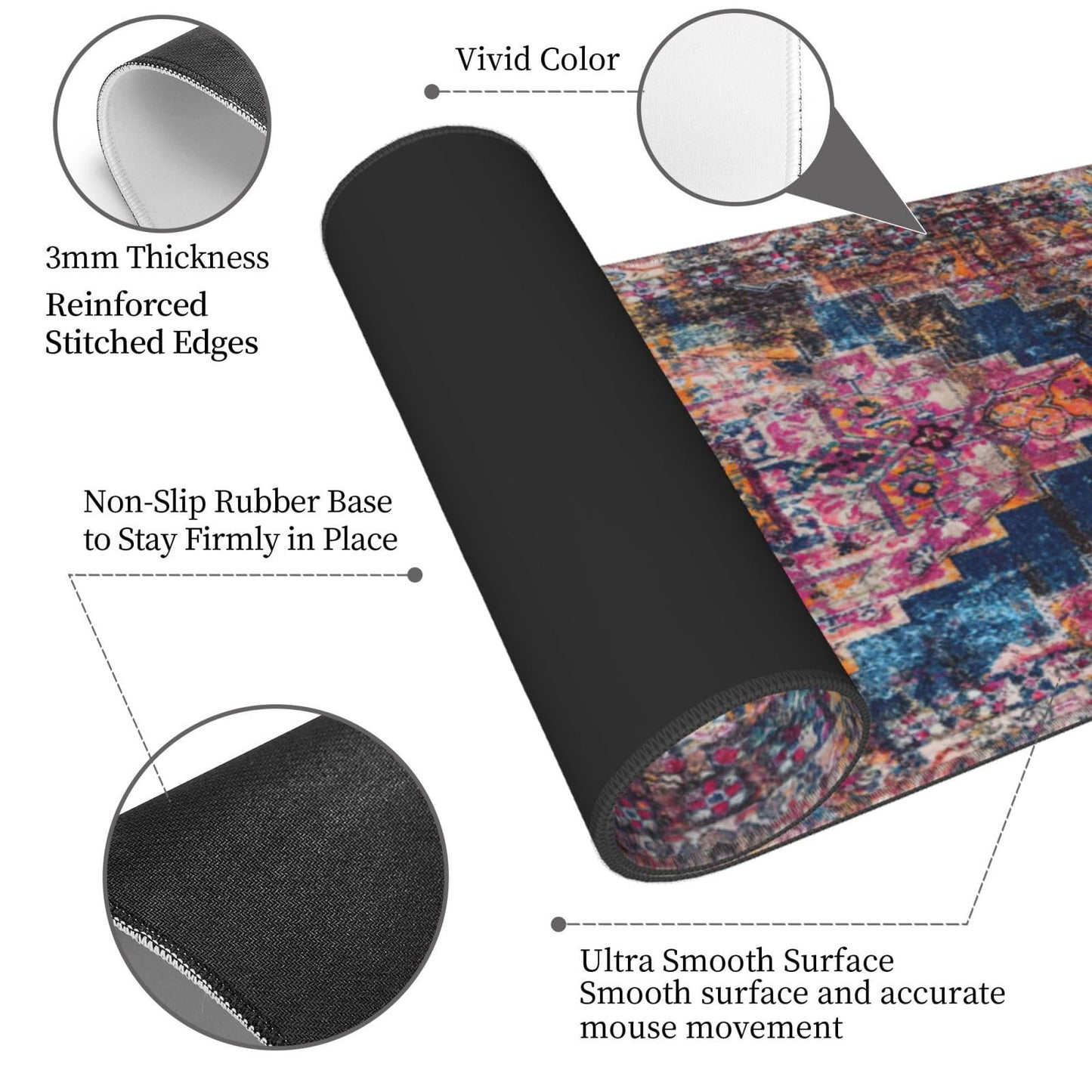 Pink Boho Style Vintage Large Gaming Mouse Pad, Extended Big Keyboard Mouse Mat, Long Computer