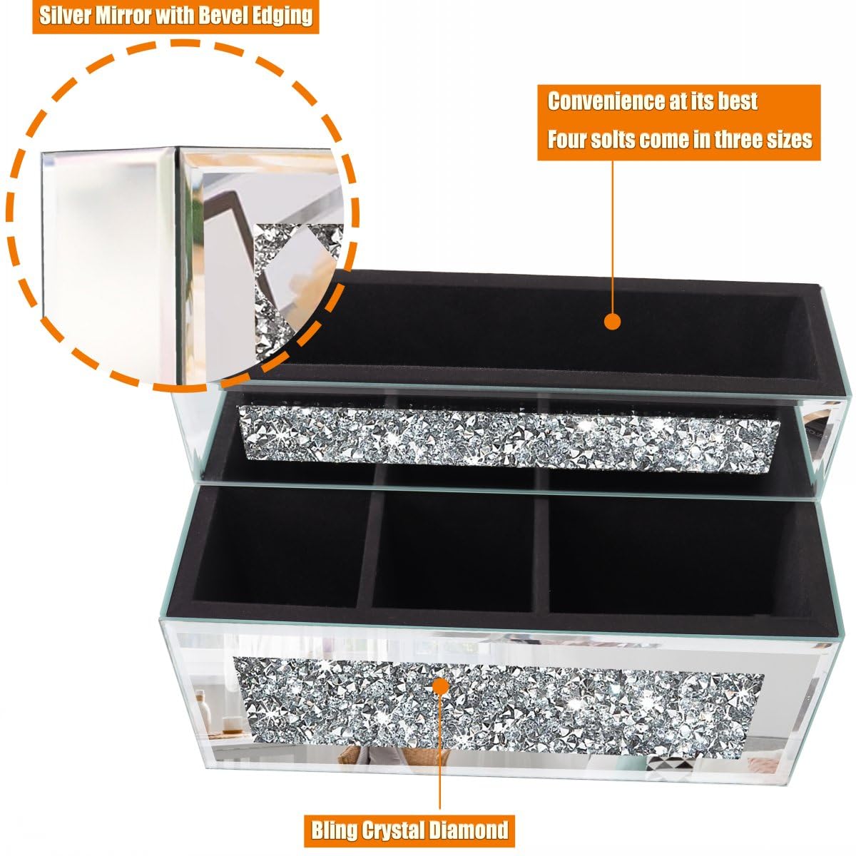 GOTHICO Mirrored Remote Holder, Wall or Tabletop Mounted Crush Diamond Bling Decoration Organizer
