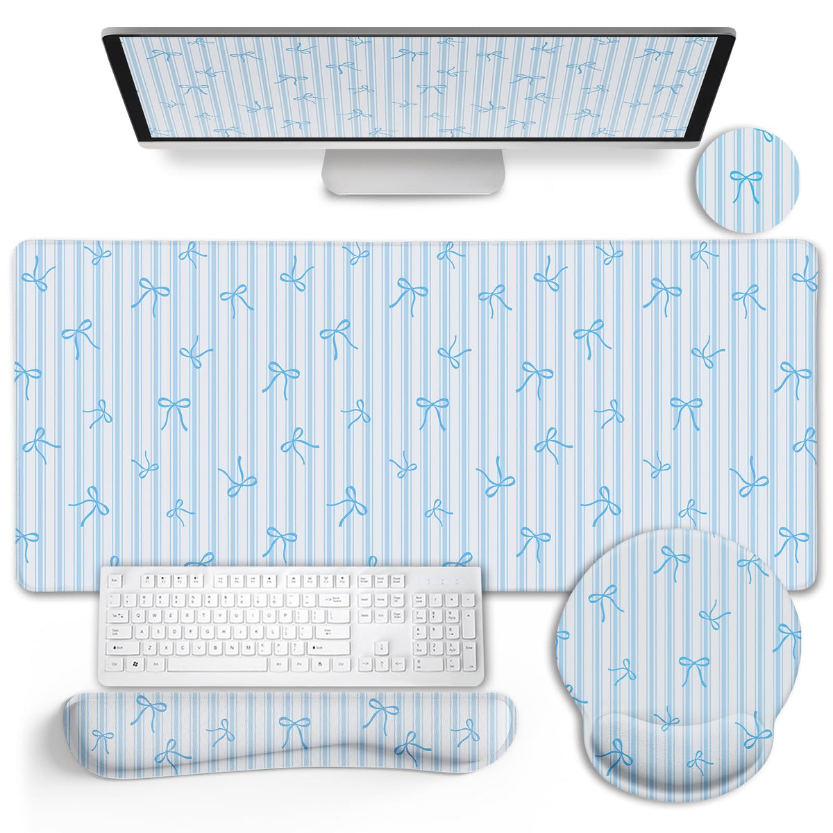 LIMKRIAN Blue Striped Mouse Pad Set Large Desk Mat for Keyboard and Mouse