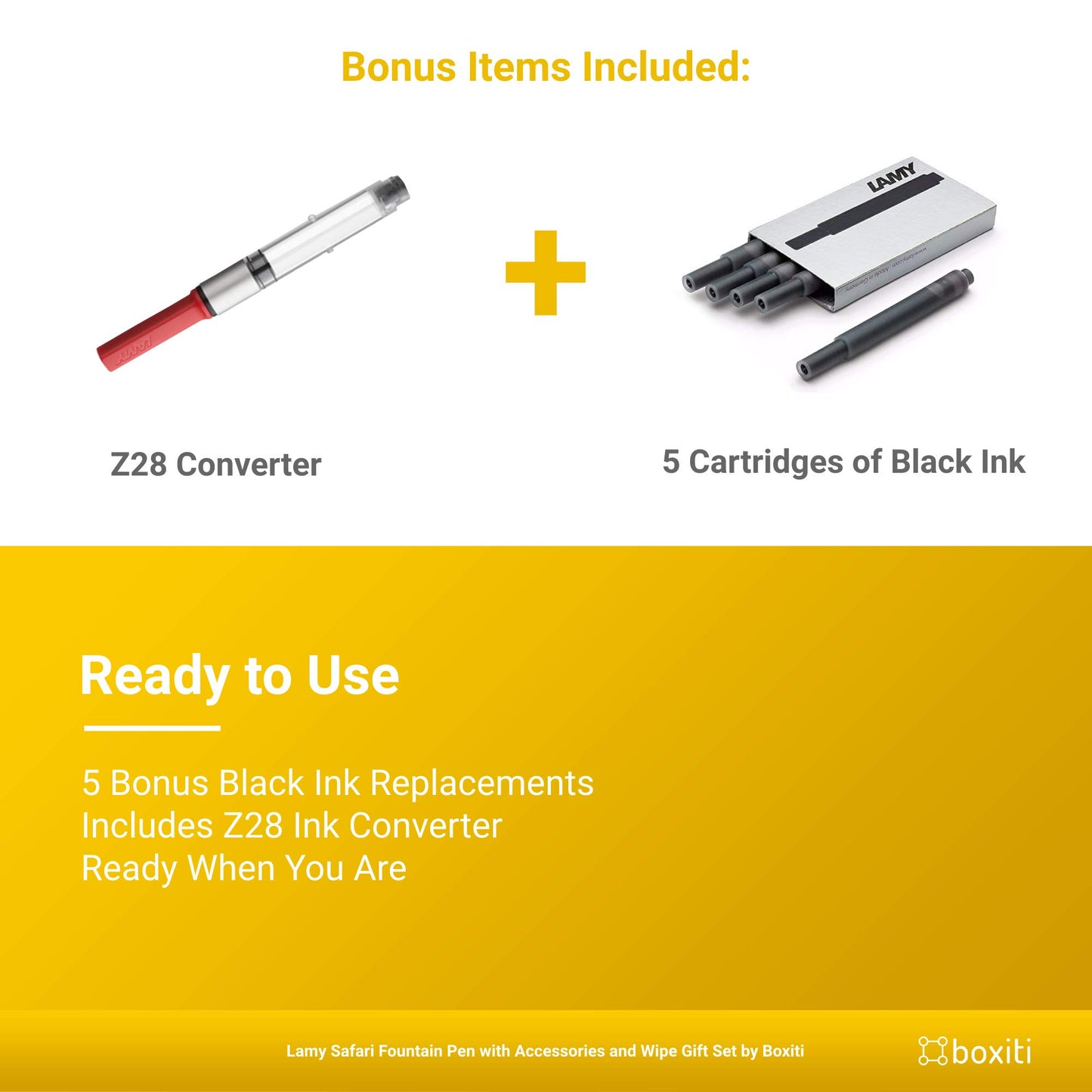 Lamy Safari | Yellow | Fine Nib | 5 Black Ink Cartridges, Z28 Converter and Wipe