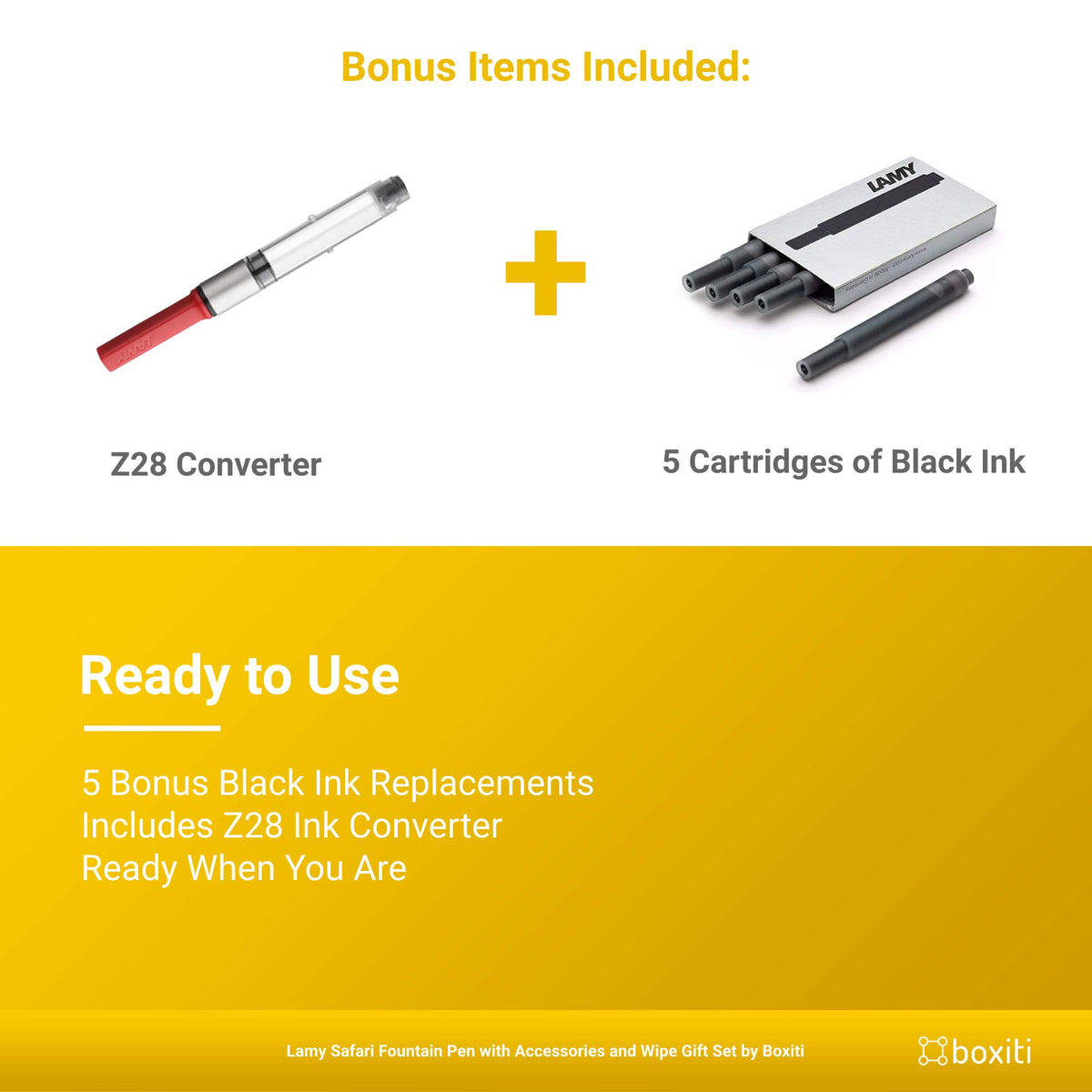 Lamy Safari | Yellow | Fine Nib | 5 Black Ink Cartridges, Z28 Converter and Wipe
