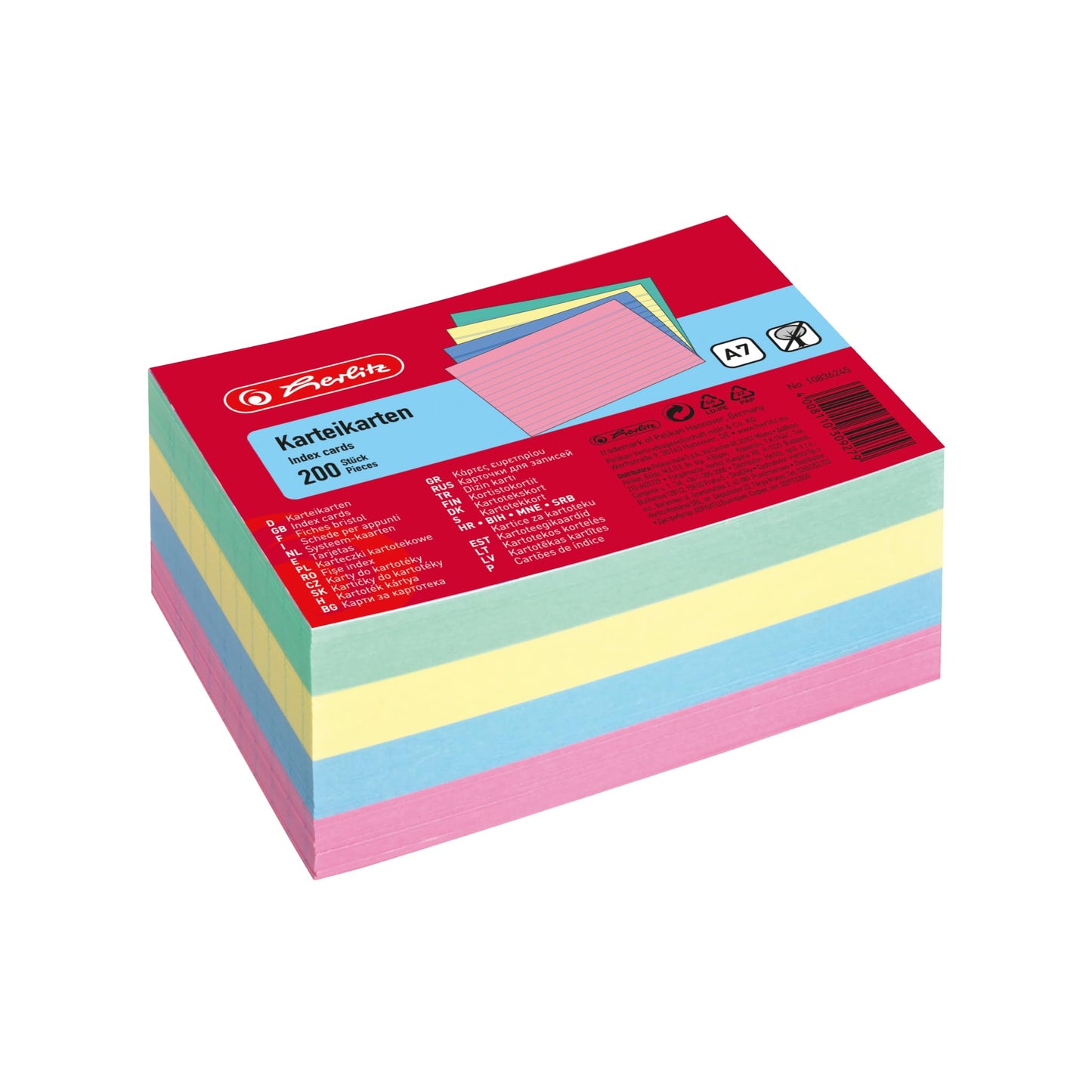 herlitz 10836245 Index Cards A7 Ruled Assorted Colours Pack of 200