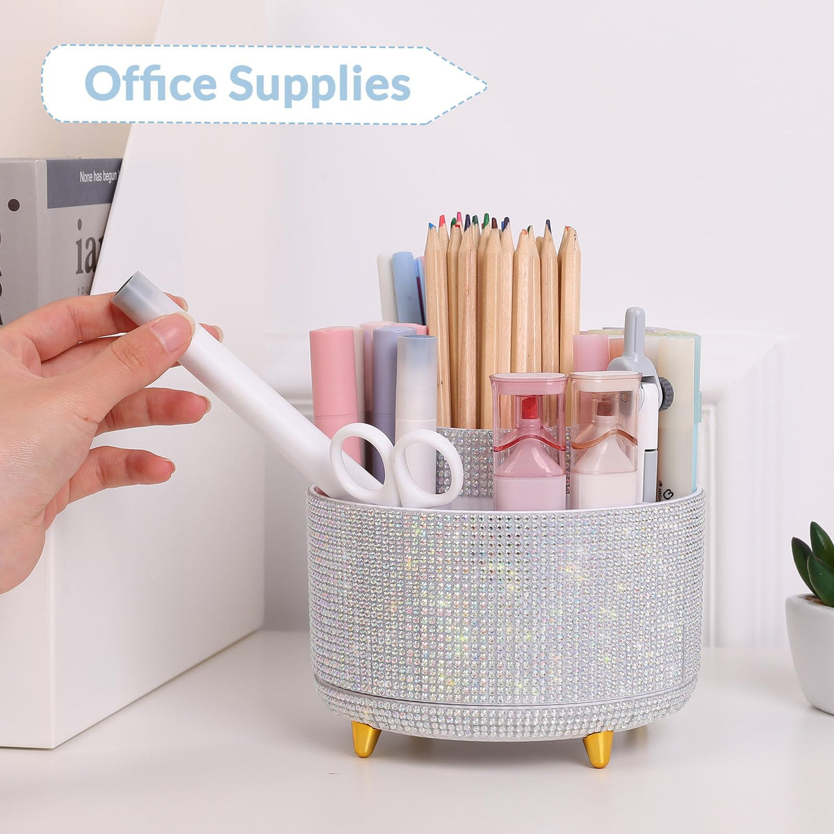 SKYDUE 360 Degree Rotating Desk Organizer, Shining Dual-Purpose Rhinestone Pencil Pen Holder