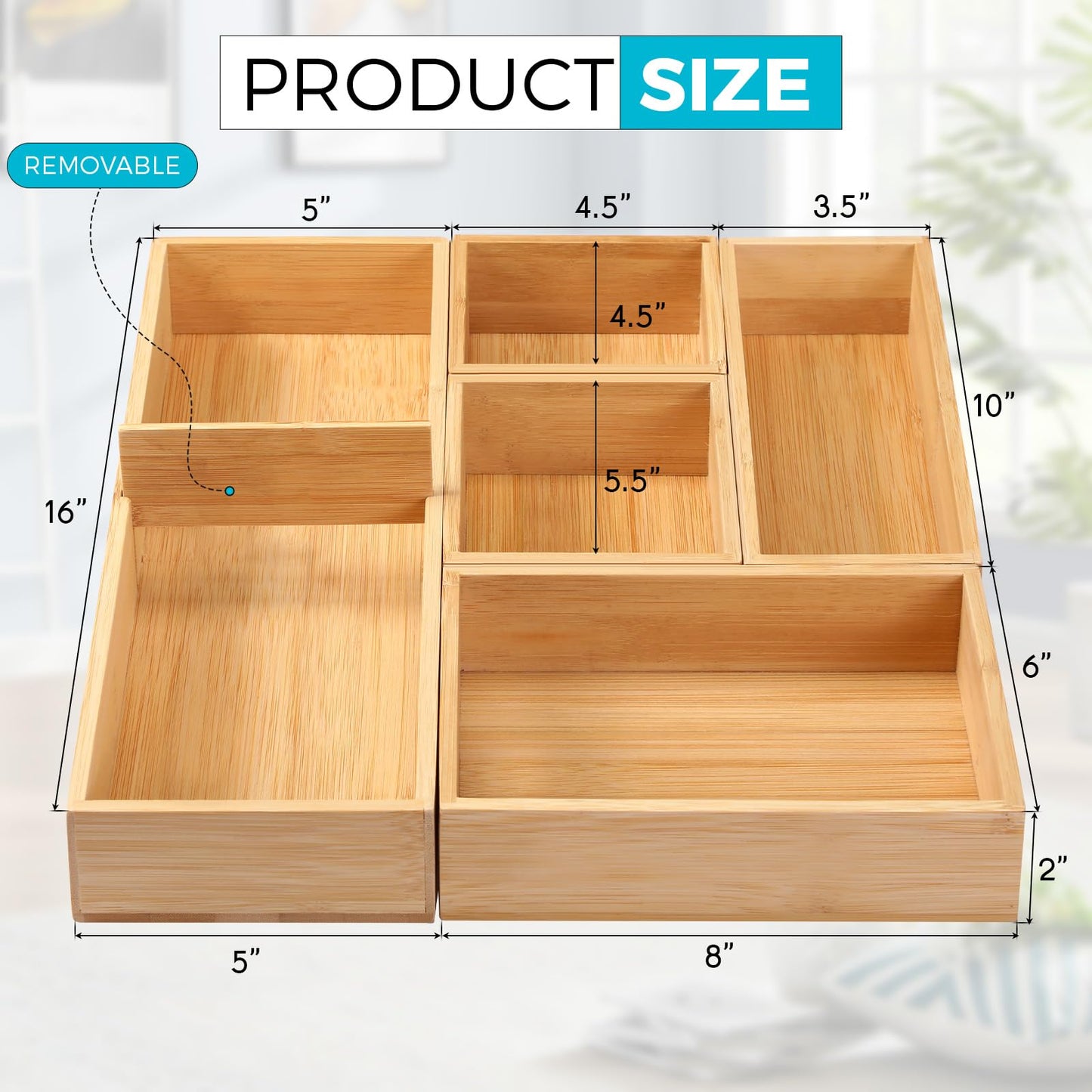 Fabsome Bathroom Drawer Organizer, Bamboo Box Bin for Junk Vanity Desk Makeup Drawer, Small Wooden