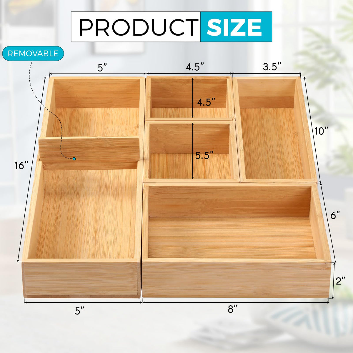 Fabsome Bathroom Drawer Organizer, Bamboo Box Bin for Junk Vanity Desk Makeup Drawer, Small Wooden