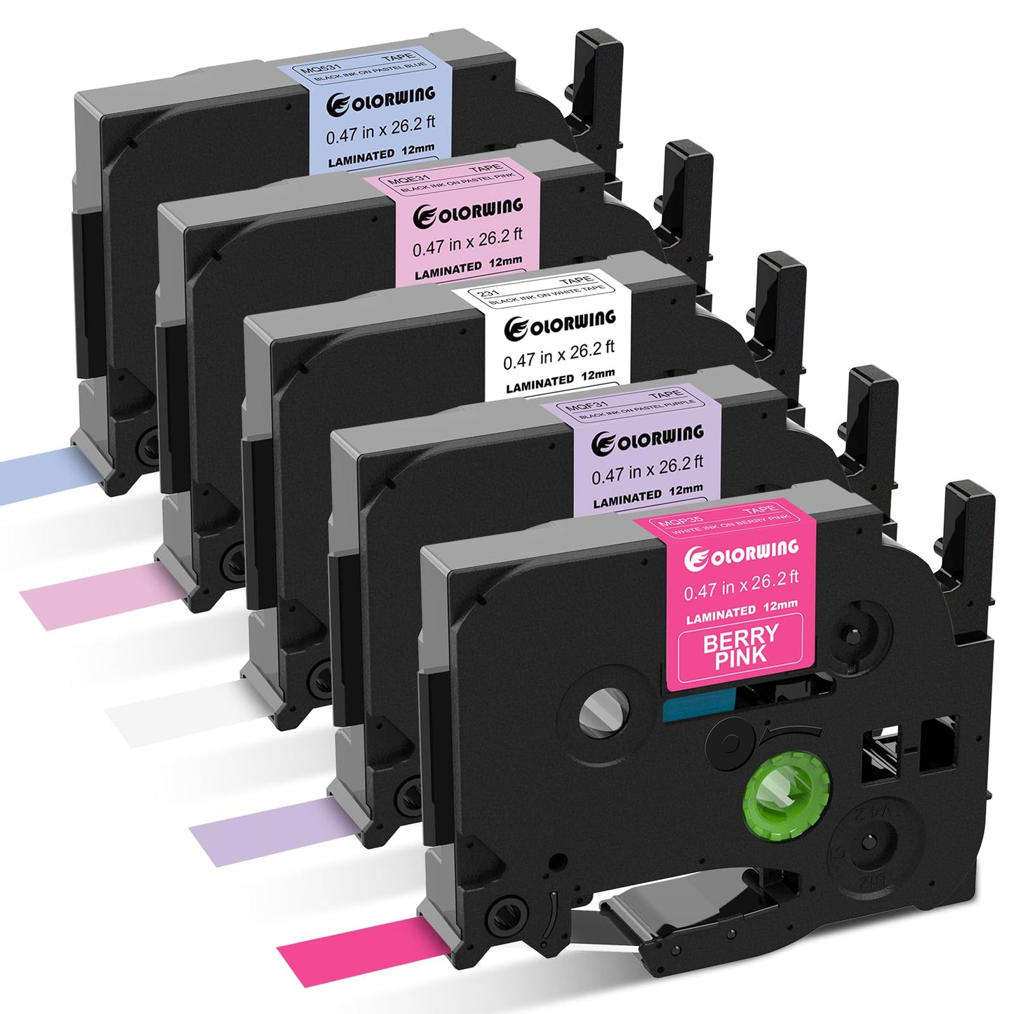 5X Compatible with Brother P-Touch Label Tape 12mm 0.47" Laminated Colored