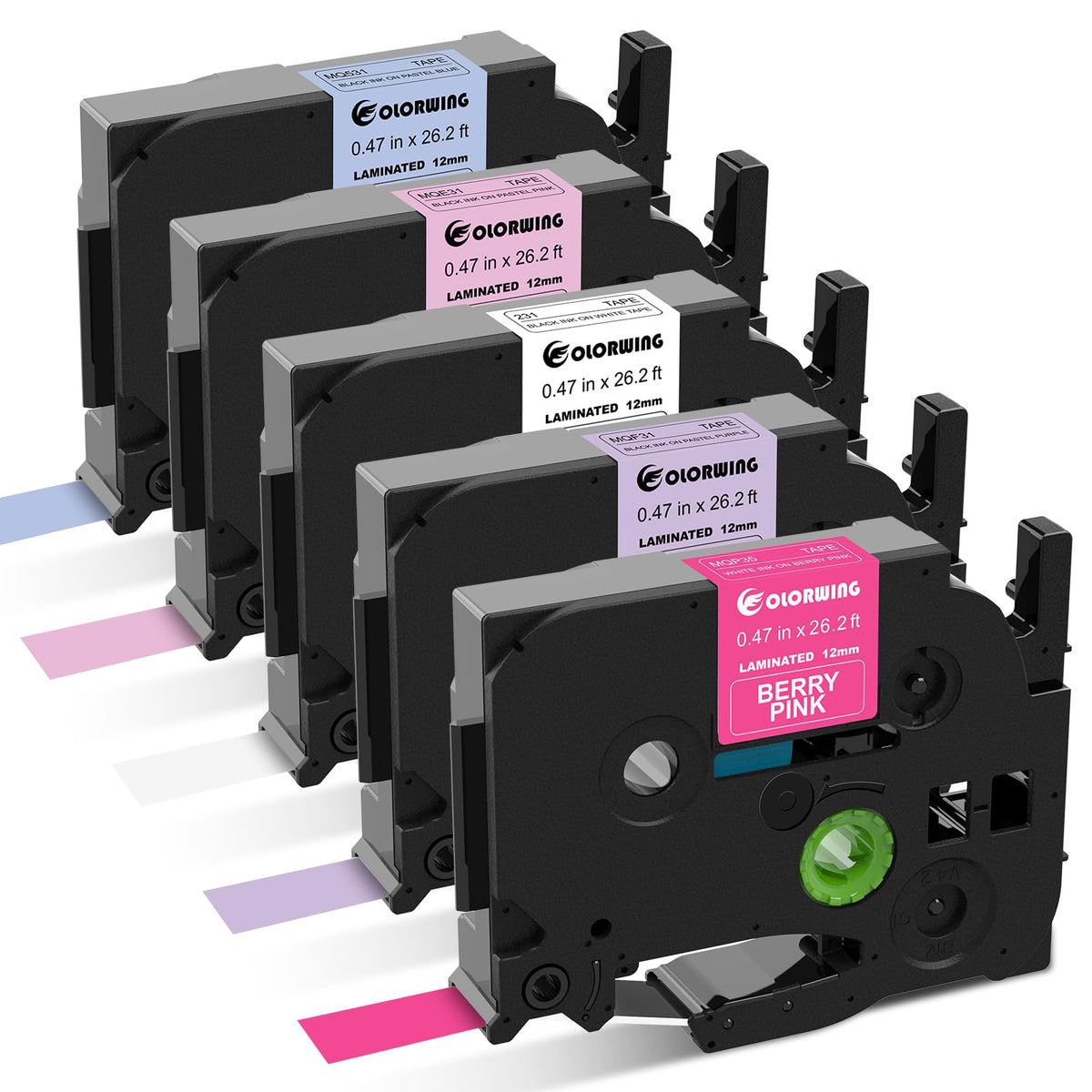 5X Compatible with Brother P-Touch Label Tape 12mm 0.47" Laminated Colored