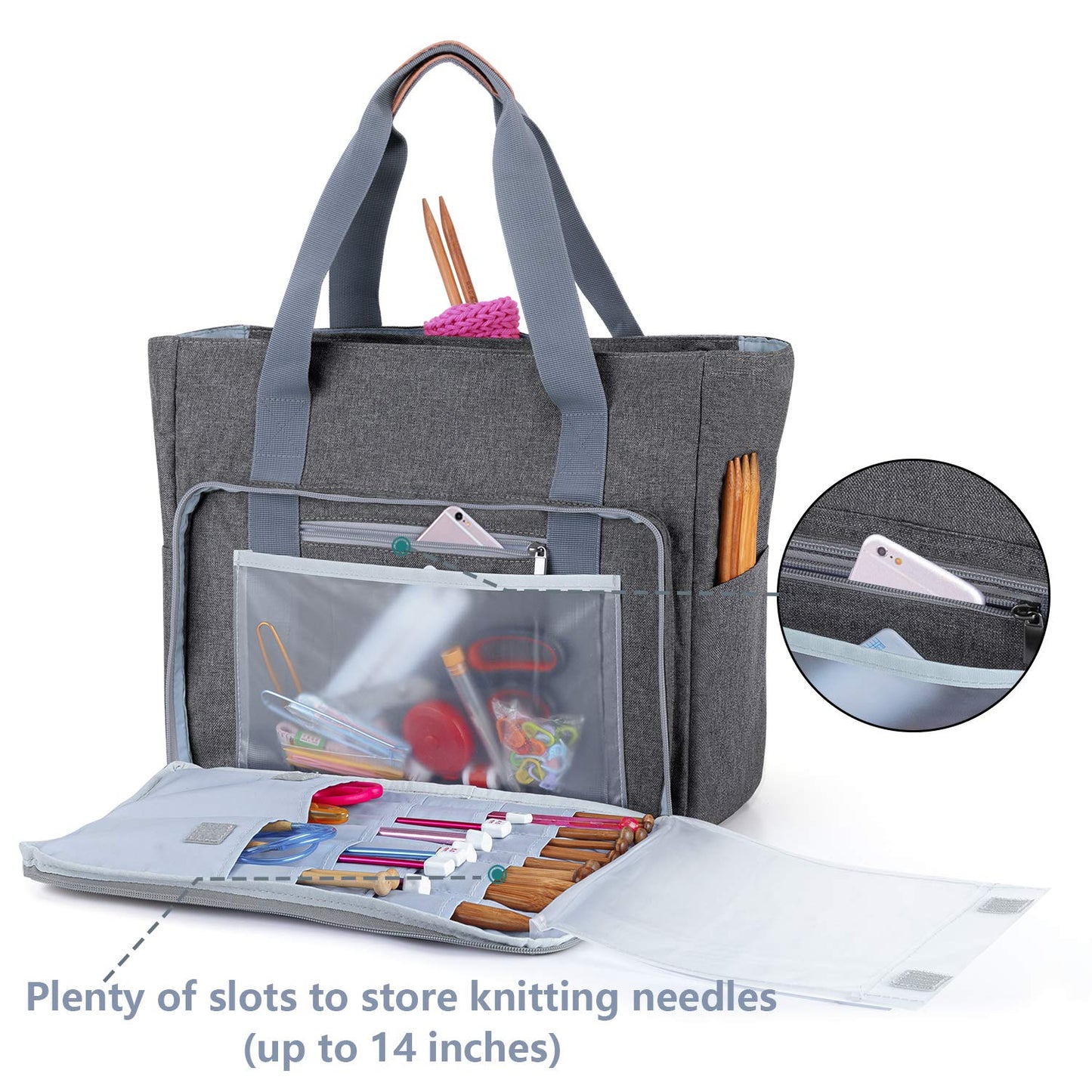 Teamoy Knitting Bag Tote, Yarn Storage Bag Crochet Organizer, Gray