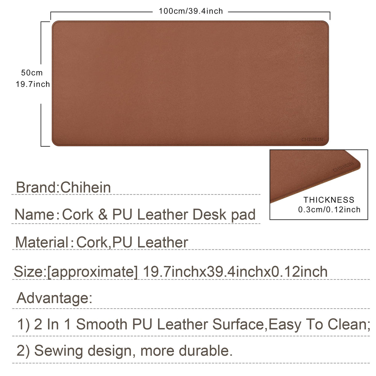 Chihein 39" x 20" 3XL Desk Mat with Cork & PU Leather, Dual Sided Desk Pad, Waterproof Computer