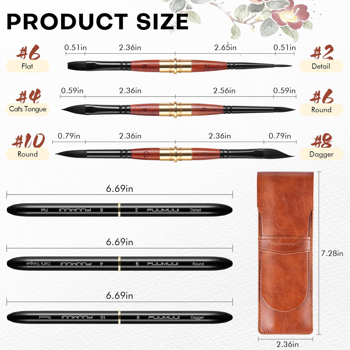 Dual Tip Travel Watercolor Brushes, Fuumuui 3pcs Synthetic Squirrel Hair Set of 6 Versatile Tips