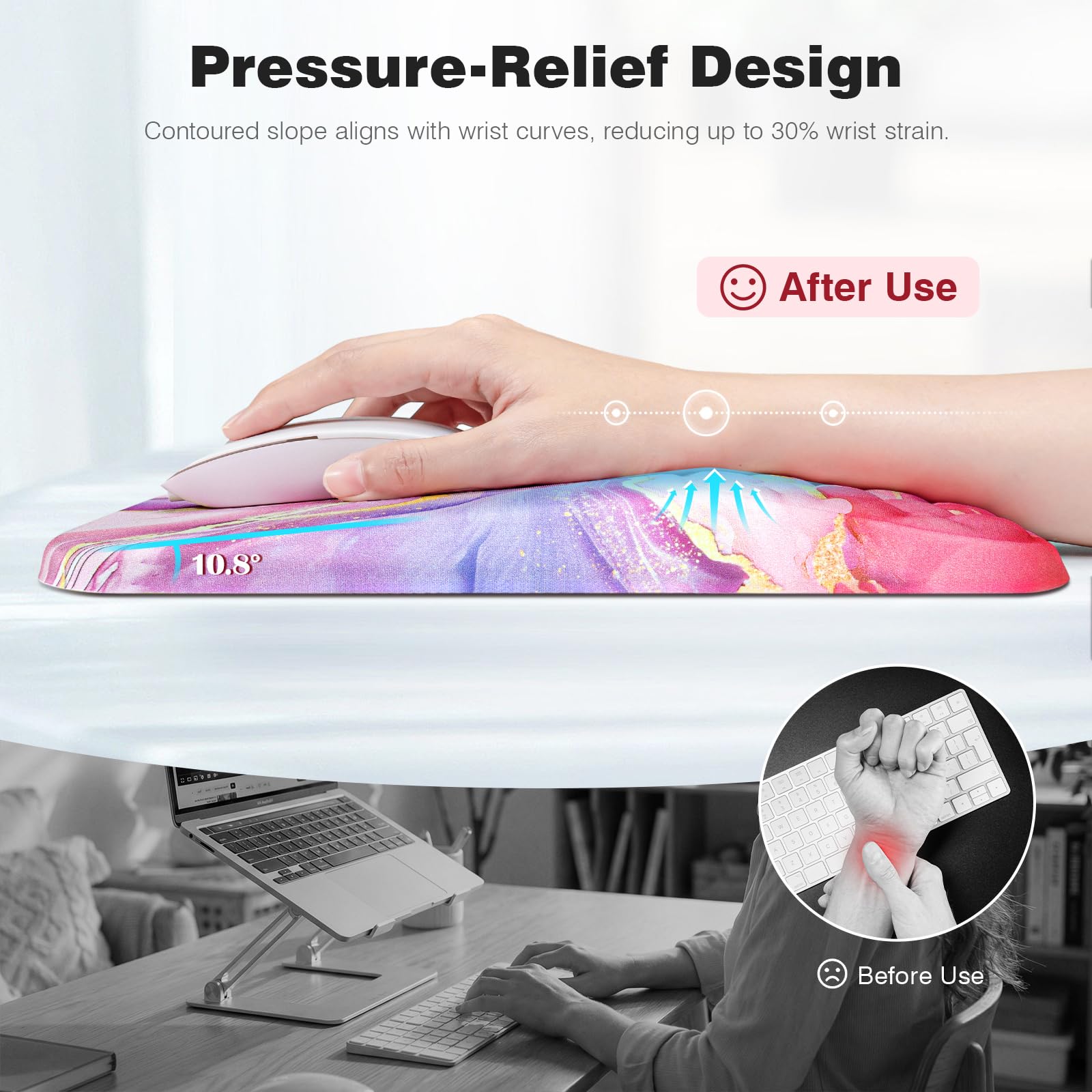 Ospelelf Pink Mouse Pad with Wrist Support Large Ergonomic Office Comfy Pain Relief Mousepad Wrist