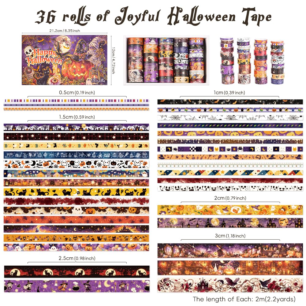 icceemee Halloween Washi Tape Set 36 Rolls, Vintage Pumpkin Ghost Bat Spider Witch Decorative