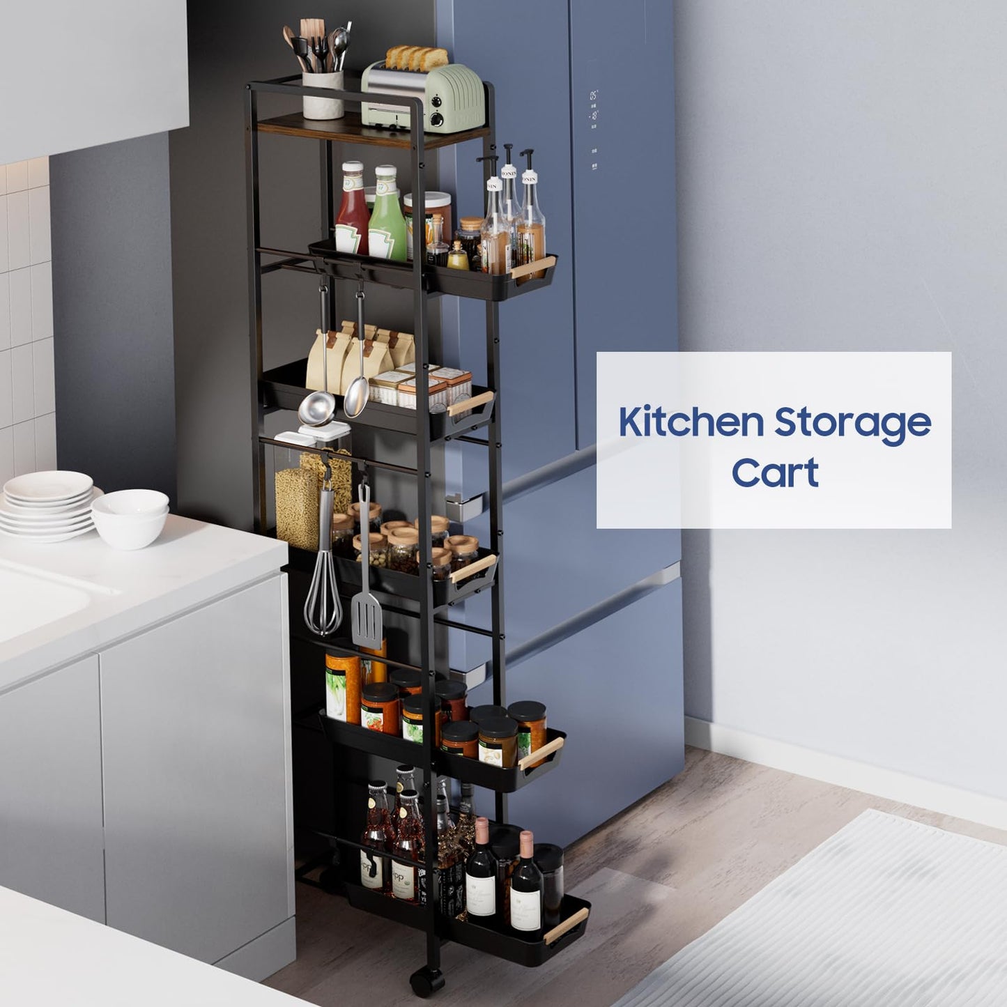 MAYBOSS 6 Tier Slim Storage Cart with Pull-Out Baskets Rolling Cart with Wheels Wood Top Narrow
