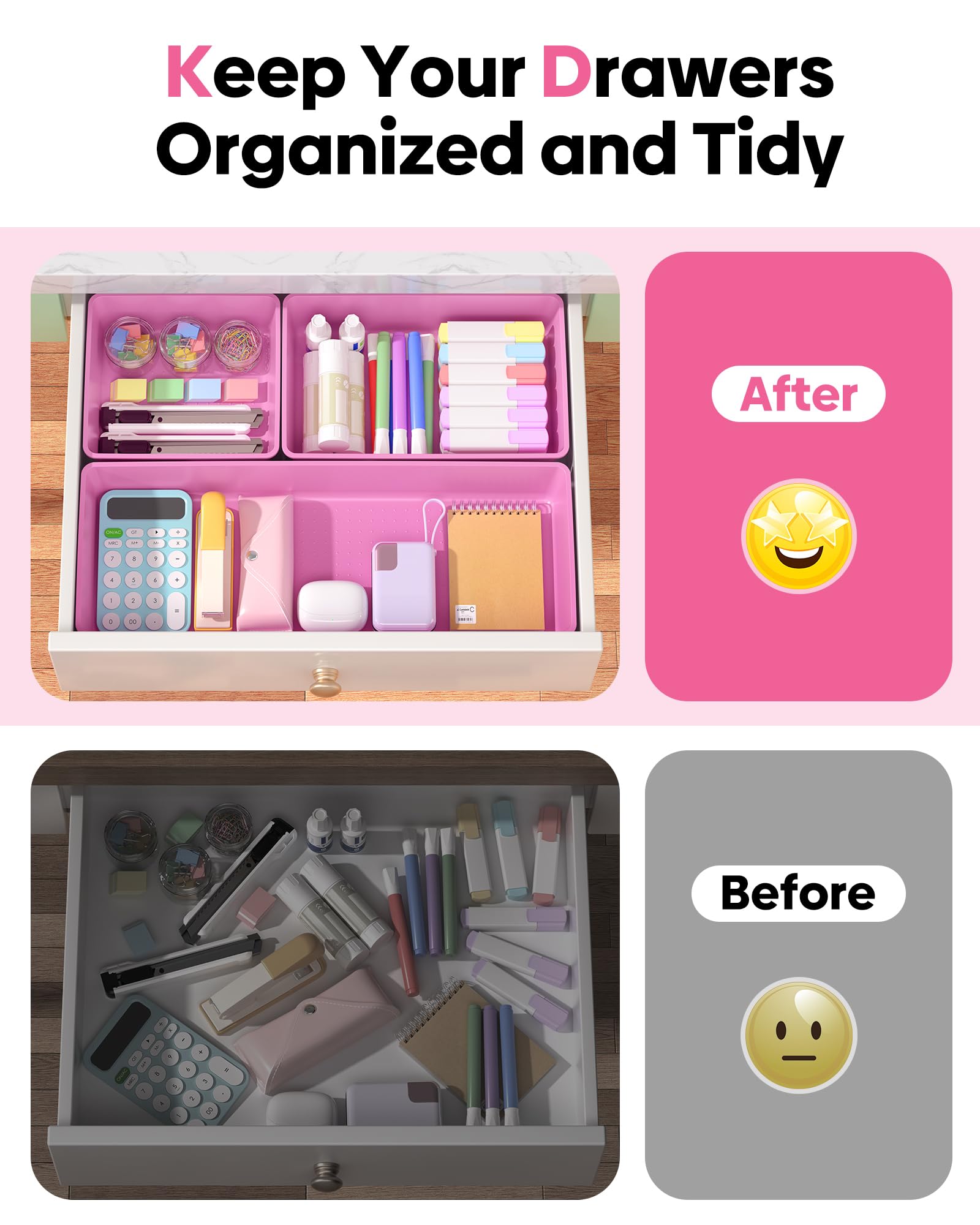 MLIKLU 10 Pack Large Size Plastic Drawer Organizers Set, 3 Sizes Desk Drawer Organizer Trays