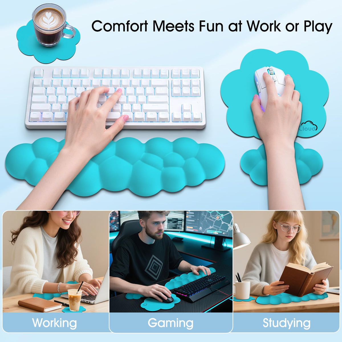Retuhapy Cloud Wrist Rest Keyboard Cushion and Cloud Mouse Pad, Scuba Blue