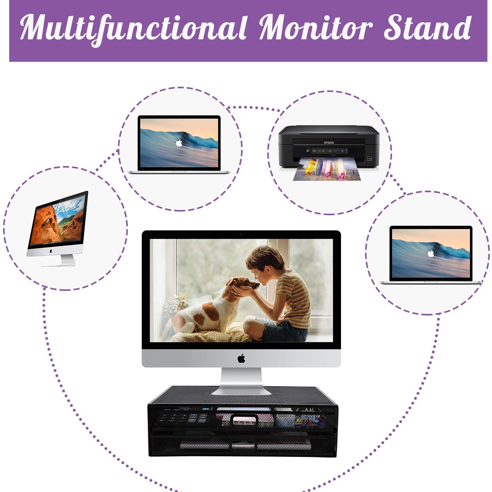 AEGISMILE Desktop Monitor Stand Riser with Drawer Metal Mesh Computer Desk Organizer with Dual Pull
