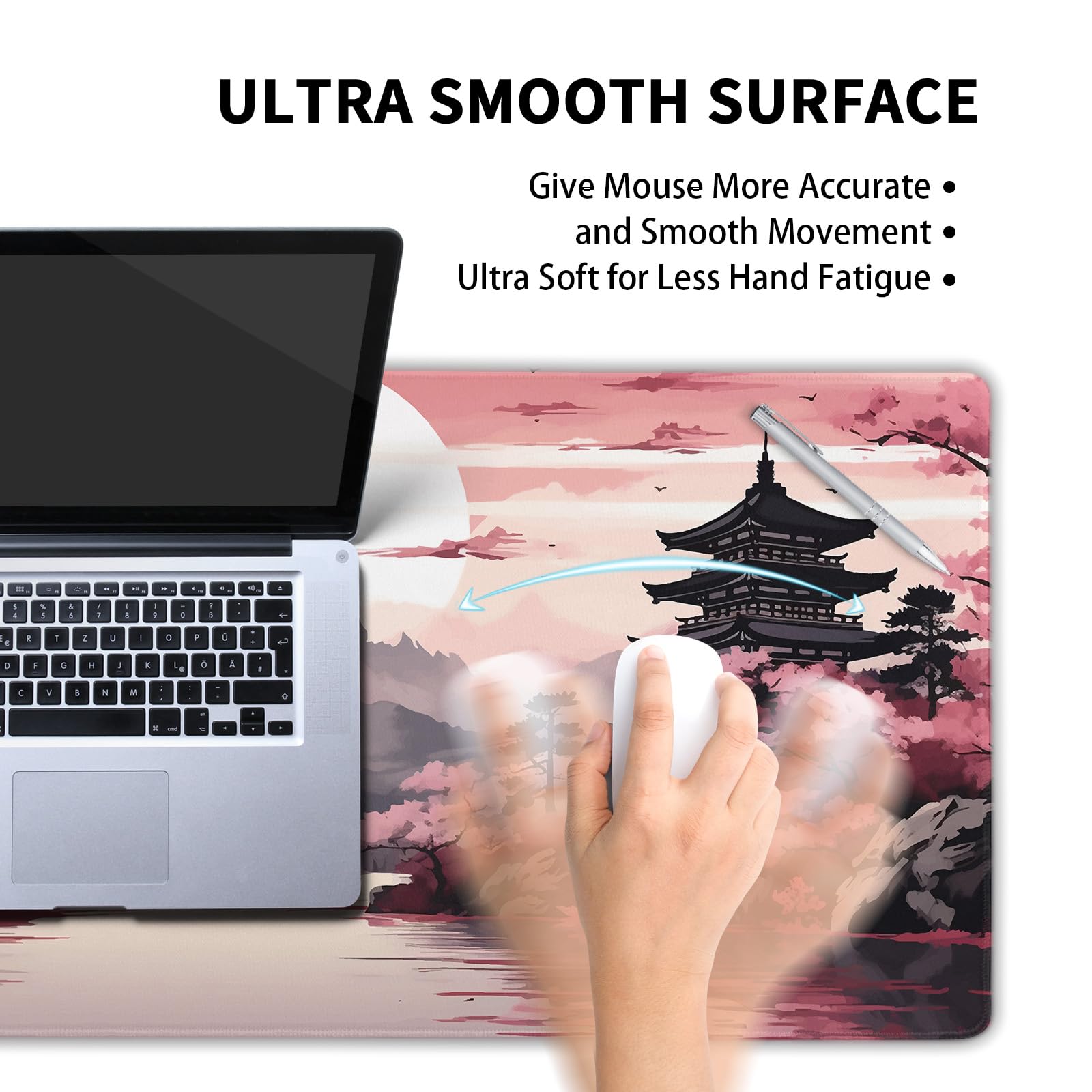 Pink Japanese Sakura Gaming Mouse Pad XXL Cherry Blossom Tower Mountain Landscape Big Extended