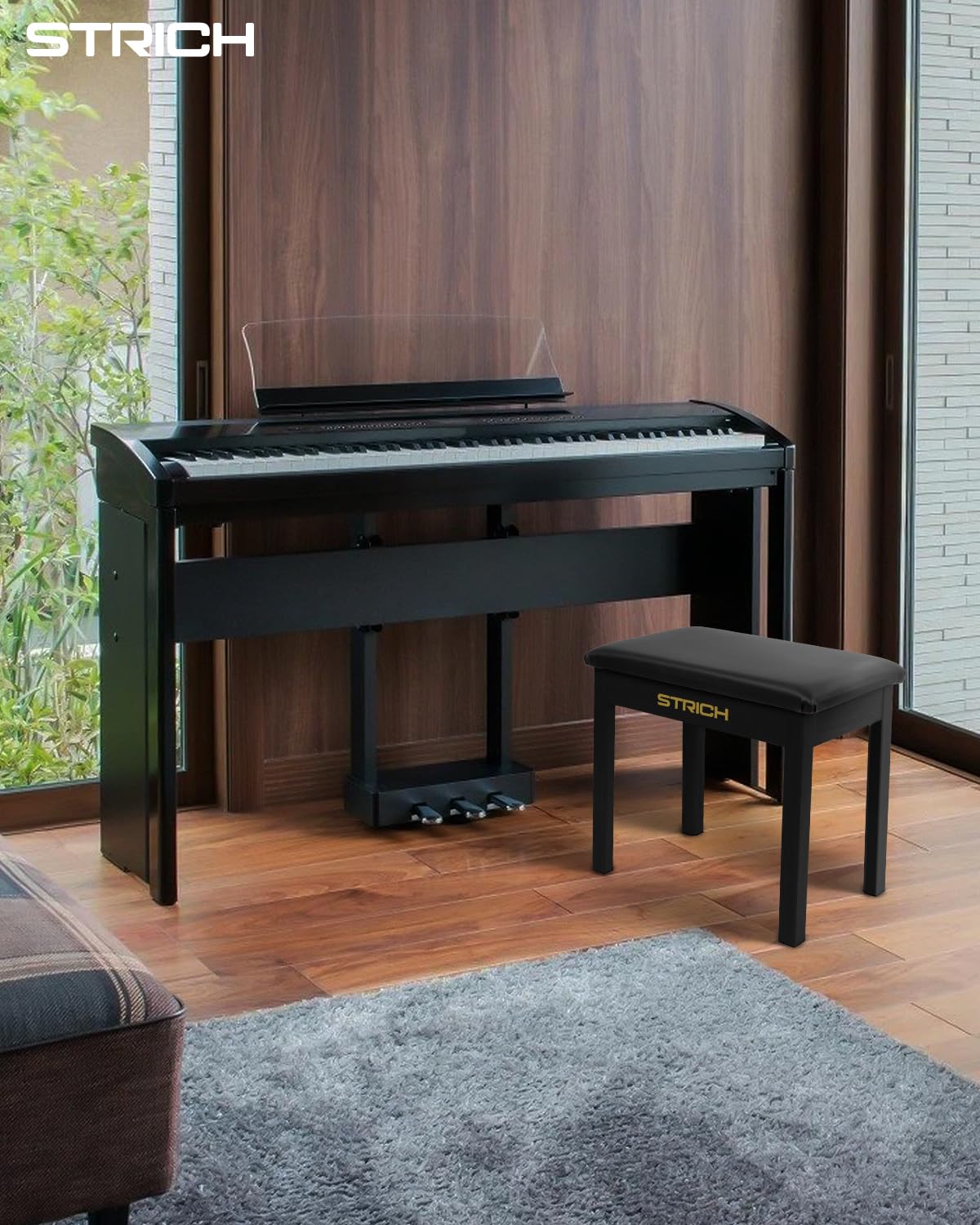STRICH Piano Bench with Storage, Solid Wood Keyboard Bench Piano Bookcase Stool Chair Seat with