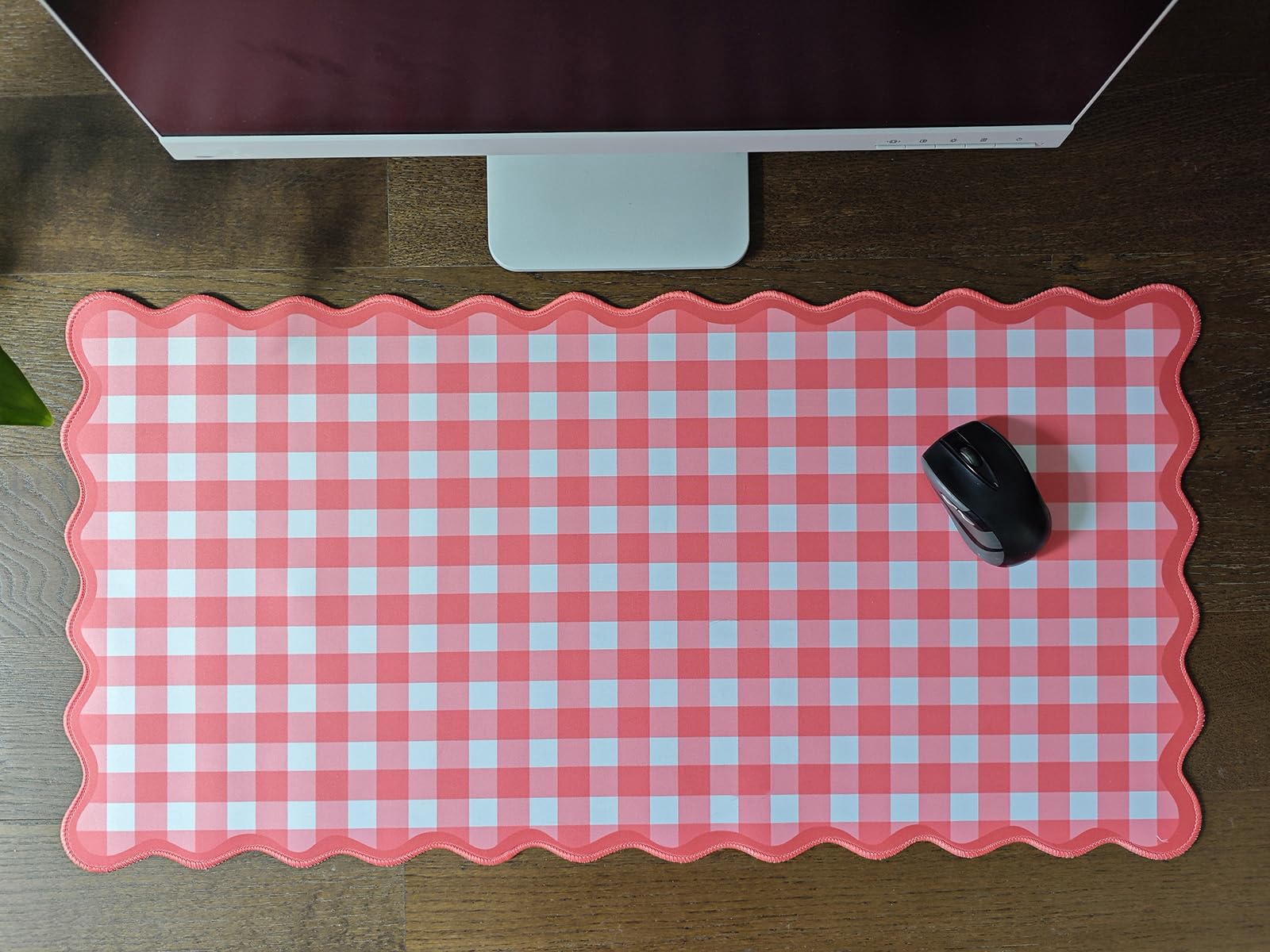 ohisxiacy Scalloped‌ Checkered Gingham Desk Mat Cute Red XXL Large Mouse Pad Kawaii Cottagecore