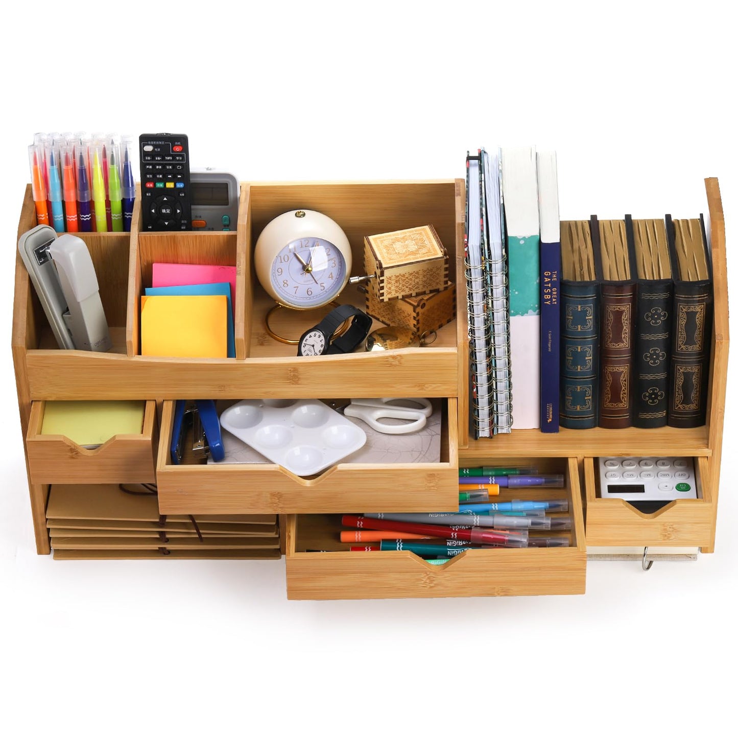 Lawei Bamboo Desk Organizer with Adjustable File Holder, Mini Desk Drawer Tabletop Organization Box