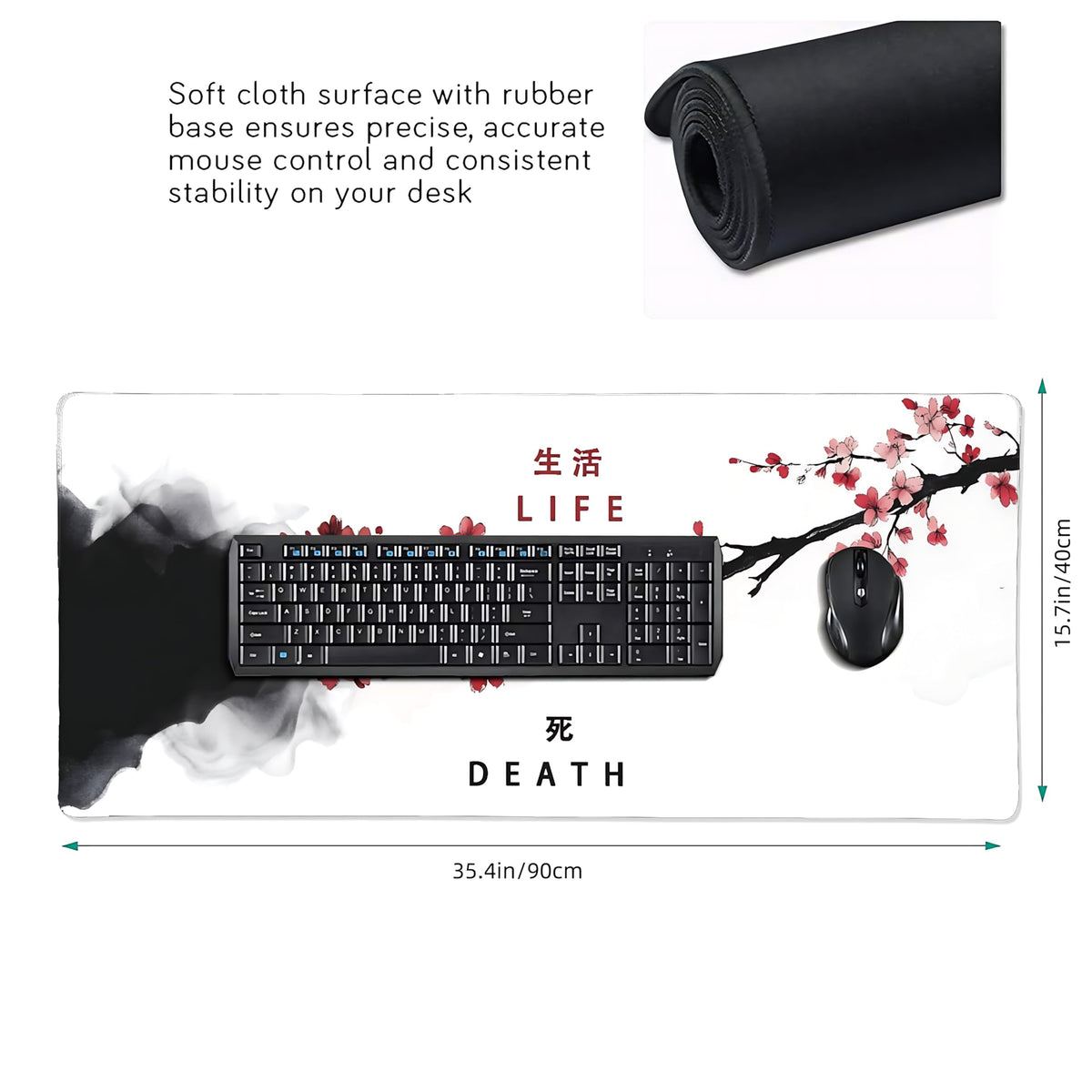 Floral Aesthetic Cherry Blossom Gaming Mouse Pad, Black White Japanese Desk Mat with Anti-Slip Base