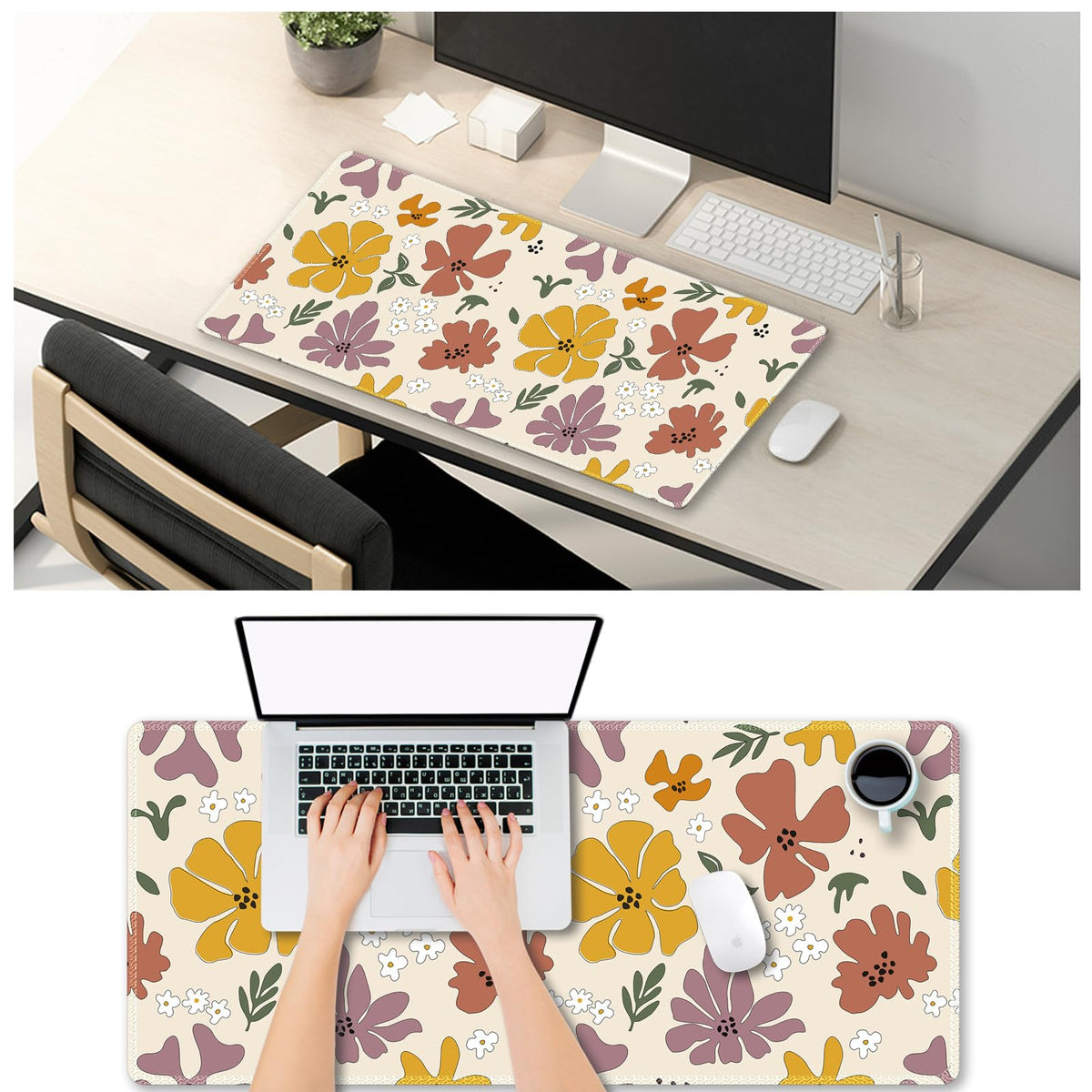 ARTSO Extended Gaming Mouse Pad, Cute XXL Large Keyboard Mat, Flower Long Mousepad Desk Decor