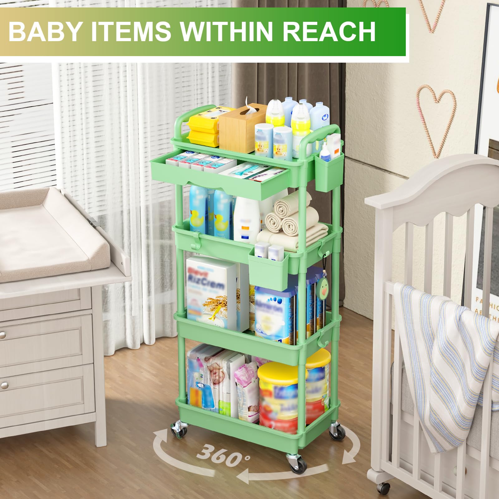 Goovilla 4 Tier Rolling Utility Cart Organizer with Removable Drawer, Green