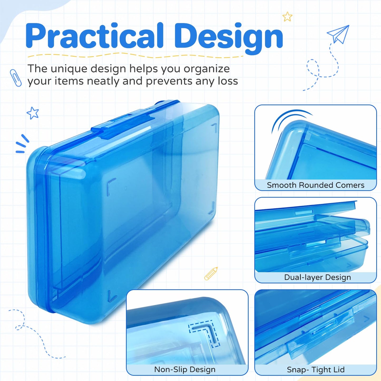 6 Pack Double Layer Plastic Hard Clear Color Pencil box Case for Girl Boy