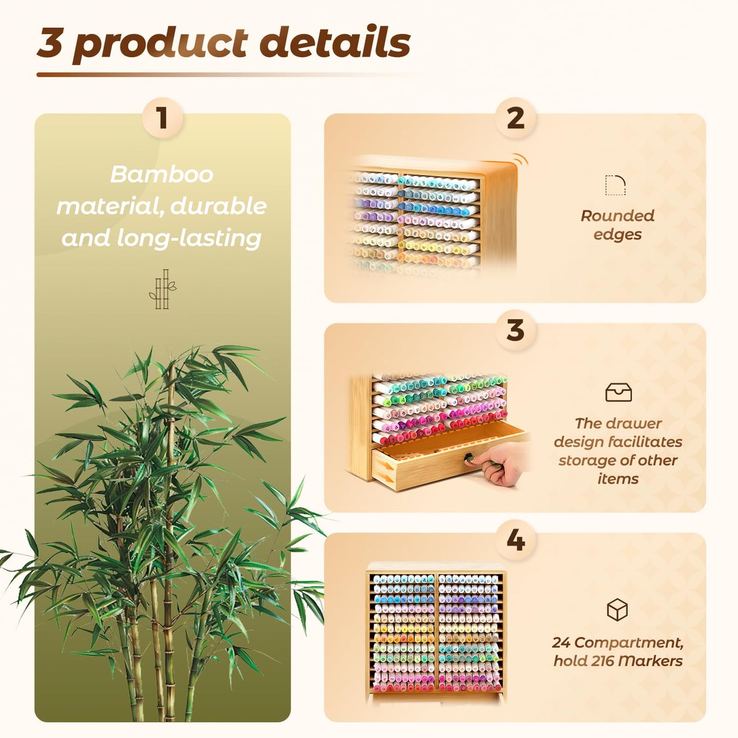 Marker Organizer, 24 Slots Wooden Storage for Up to 216 Markers with Drawer