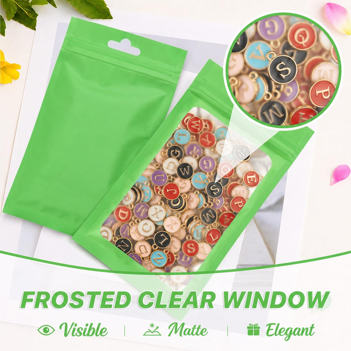 ANZNKU 100Pcs Green Mylar Bags, Resealable Smell Proof Zip Goodie Baggies