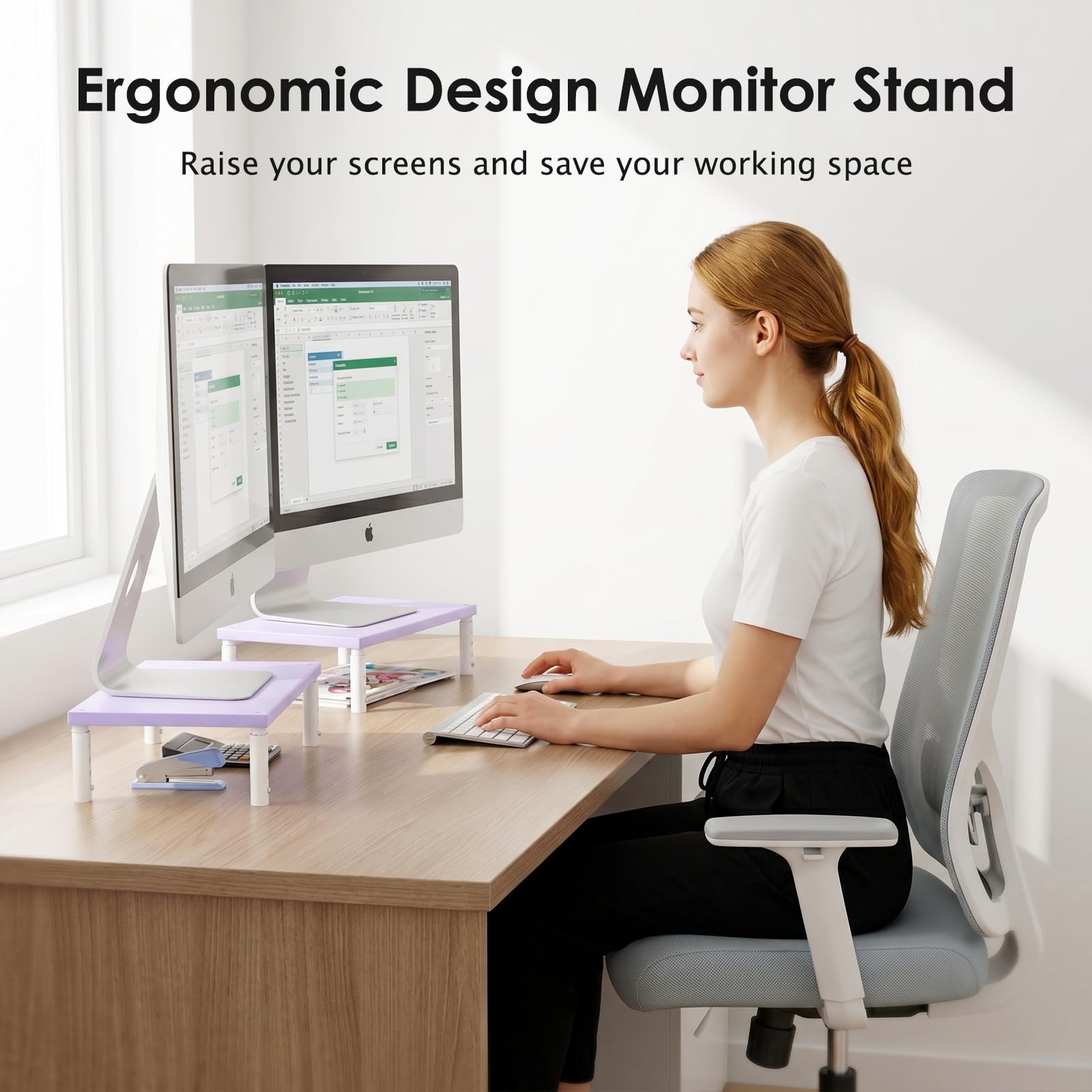 ECOLOVI Adjustable Wood Computer Monitor Stand Riser, Office Desk Organizer and Accessories for