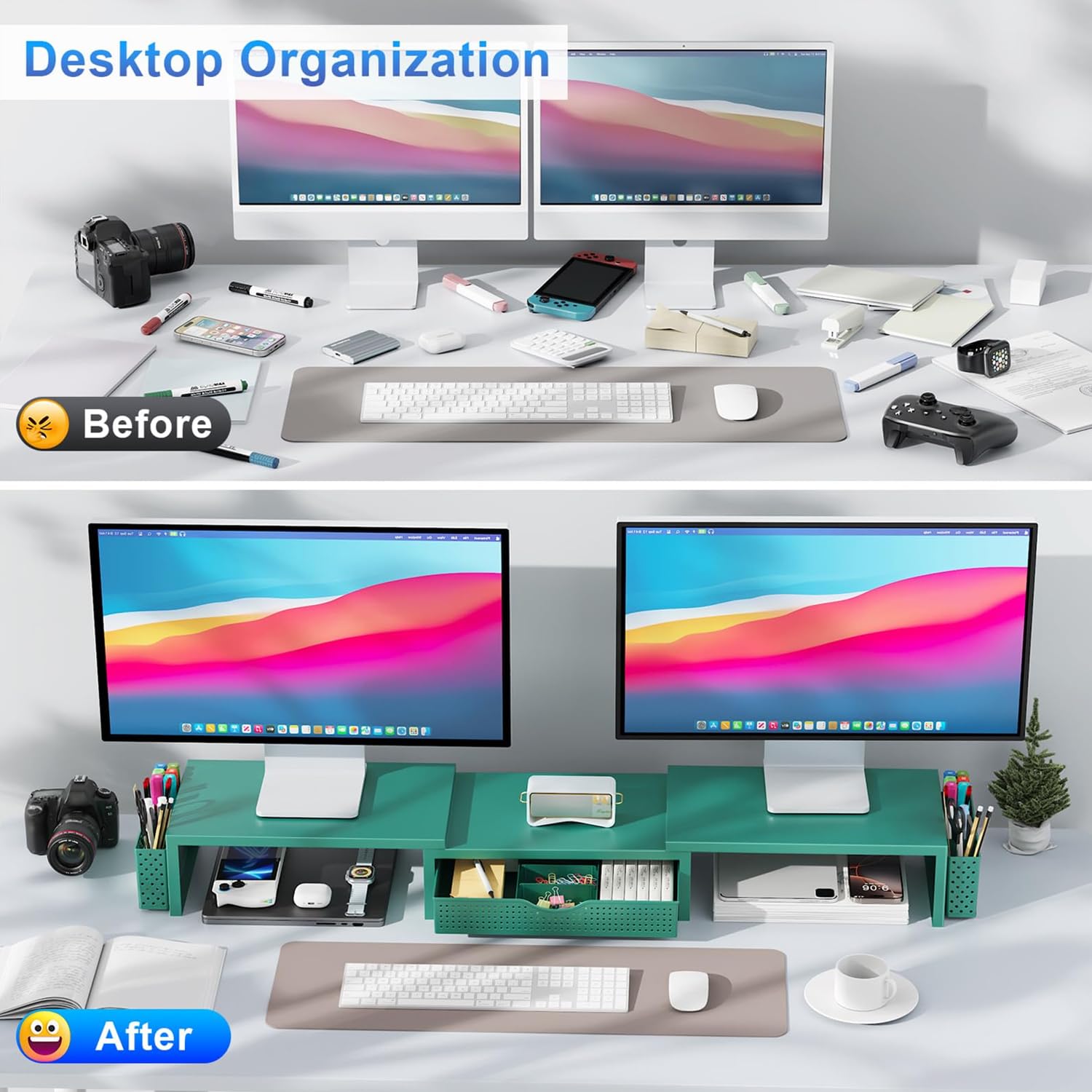 gianotter Dual Monitor Stand Riser With Drawer and 2 Pen Holders
