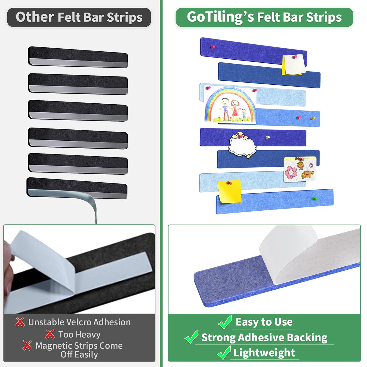 GoTiling Cork Board for Walls - 8 Pack Felt Pin Board Bar Strips - Self-Adhesive Lightweight