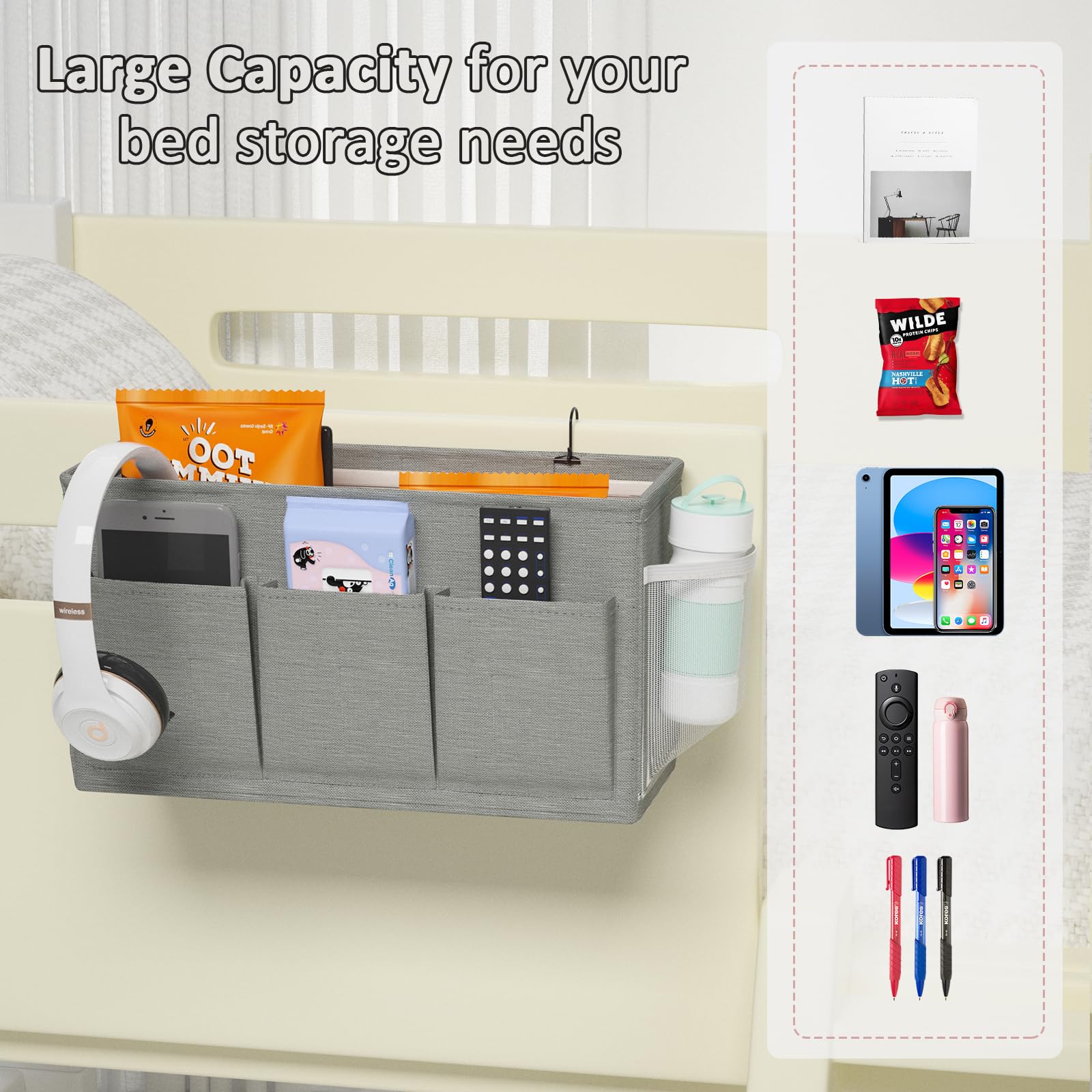 Bedside Caddy Storage Organizer for Bed Rails, Bed Caddy with 6 Pockets