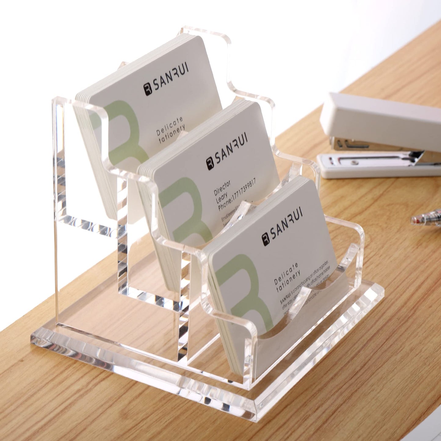 YUXUN Business Card Holder Display for Desk, Clear Acrylic Cards Organizer 3 Tier 3 Slots, Business