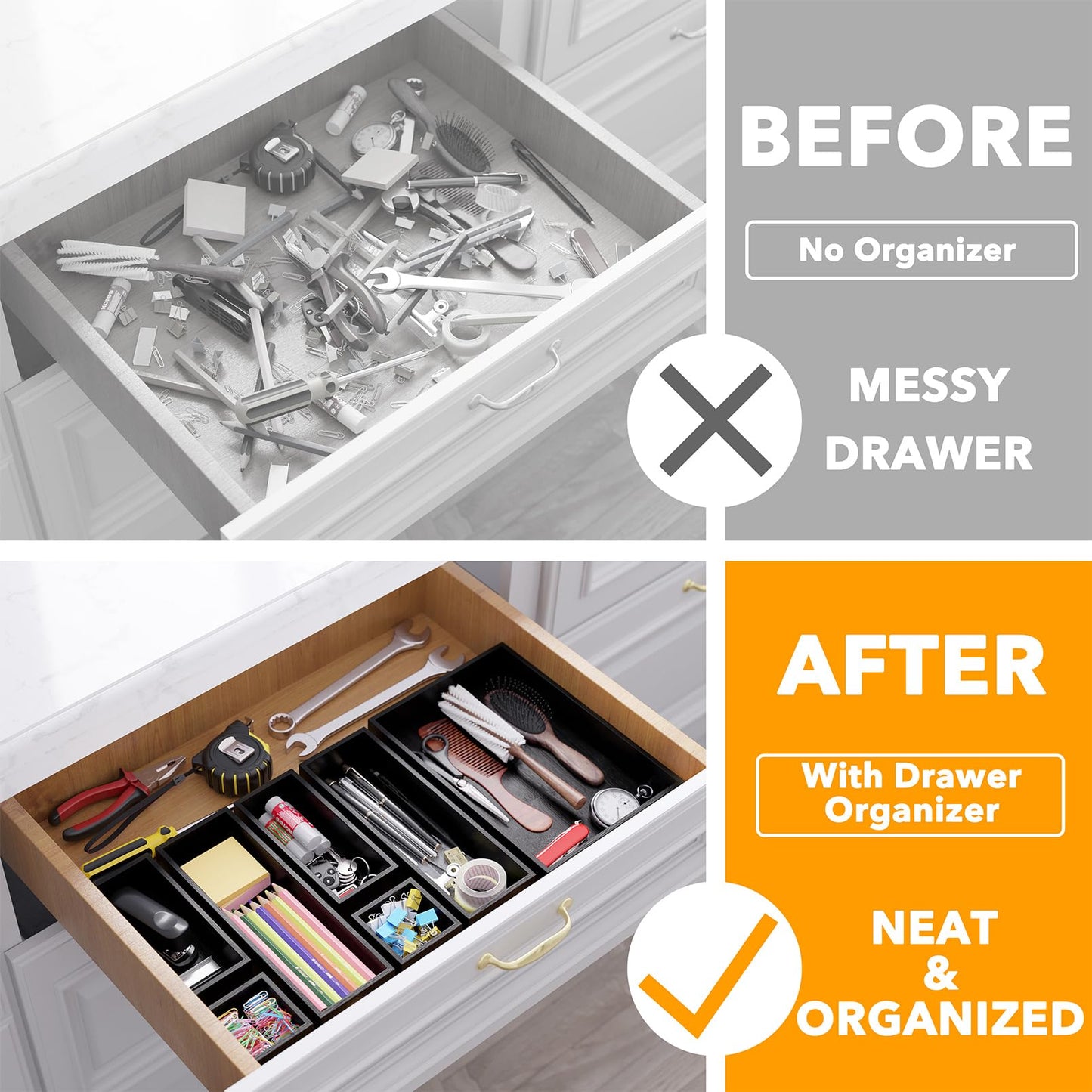 SpaceAid 7-Piece Bamboo Drawer Organizer Storage Boxes Set, Wood Tray Junk Drawer Organizers