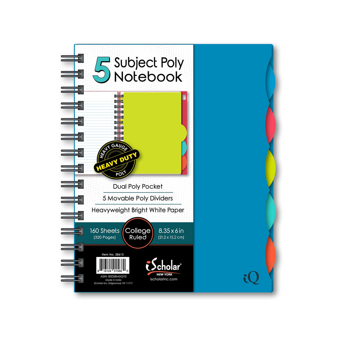 iScholar 5 Subject Poly Cover Double Wire Notebook, 8.35 x 6 Inches, Cover Color May Vary