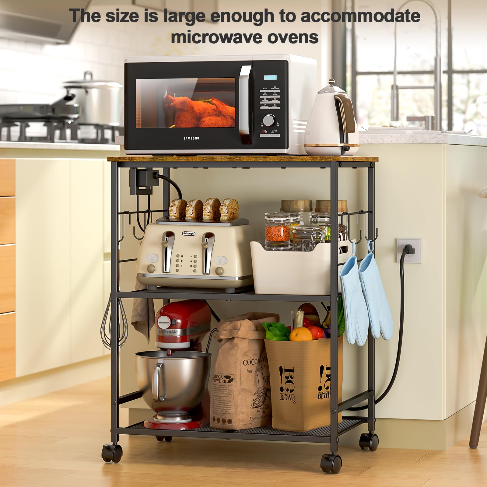 ThreeHio Rolling Kitchen Microwave Cart with Power Outlet, 3 Tier Microwave Table Stand with