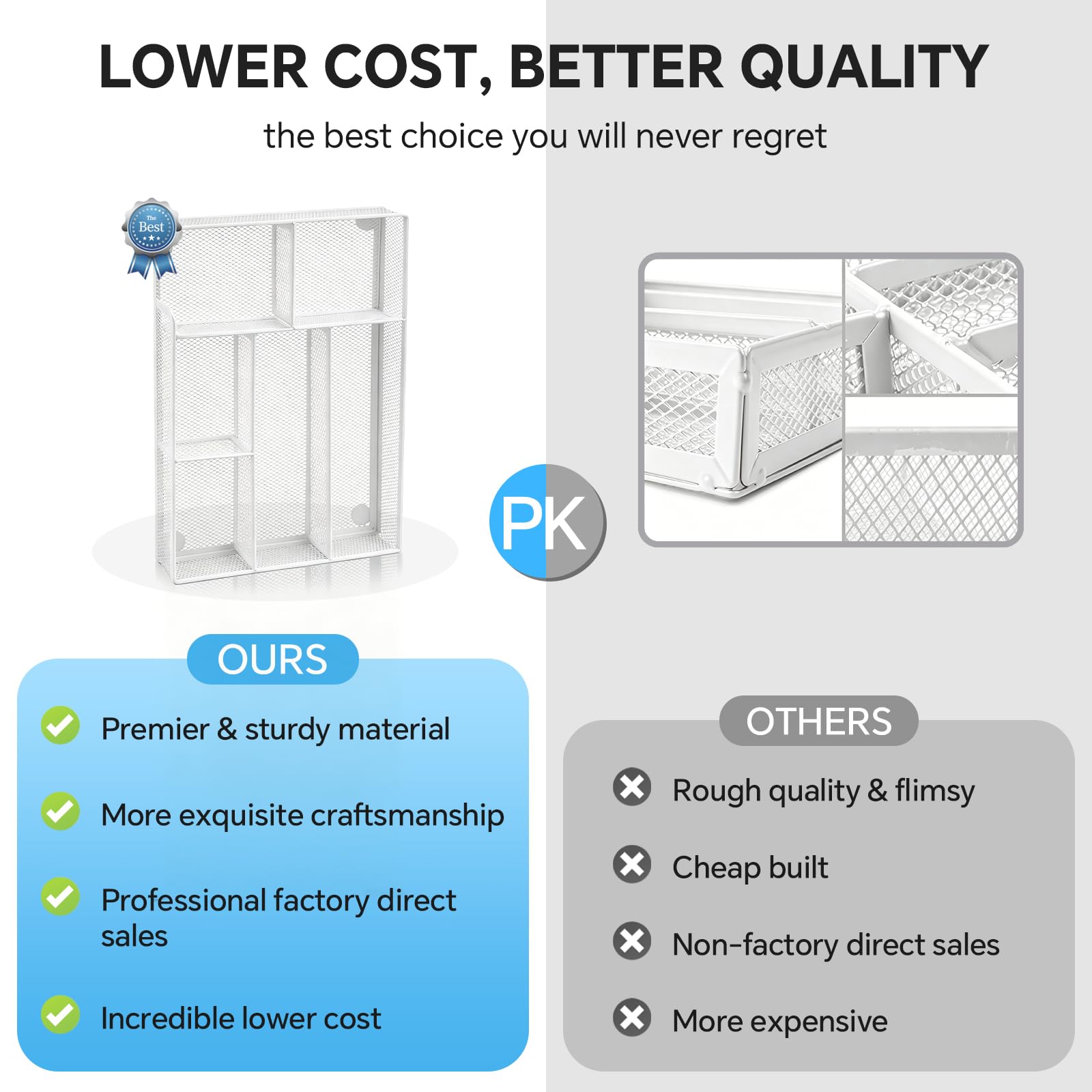 Desk Drawer Organizer, Office Drawer Divider Organizer Tray with 6 Compartments, Metal Mesh Desktop