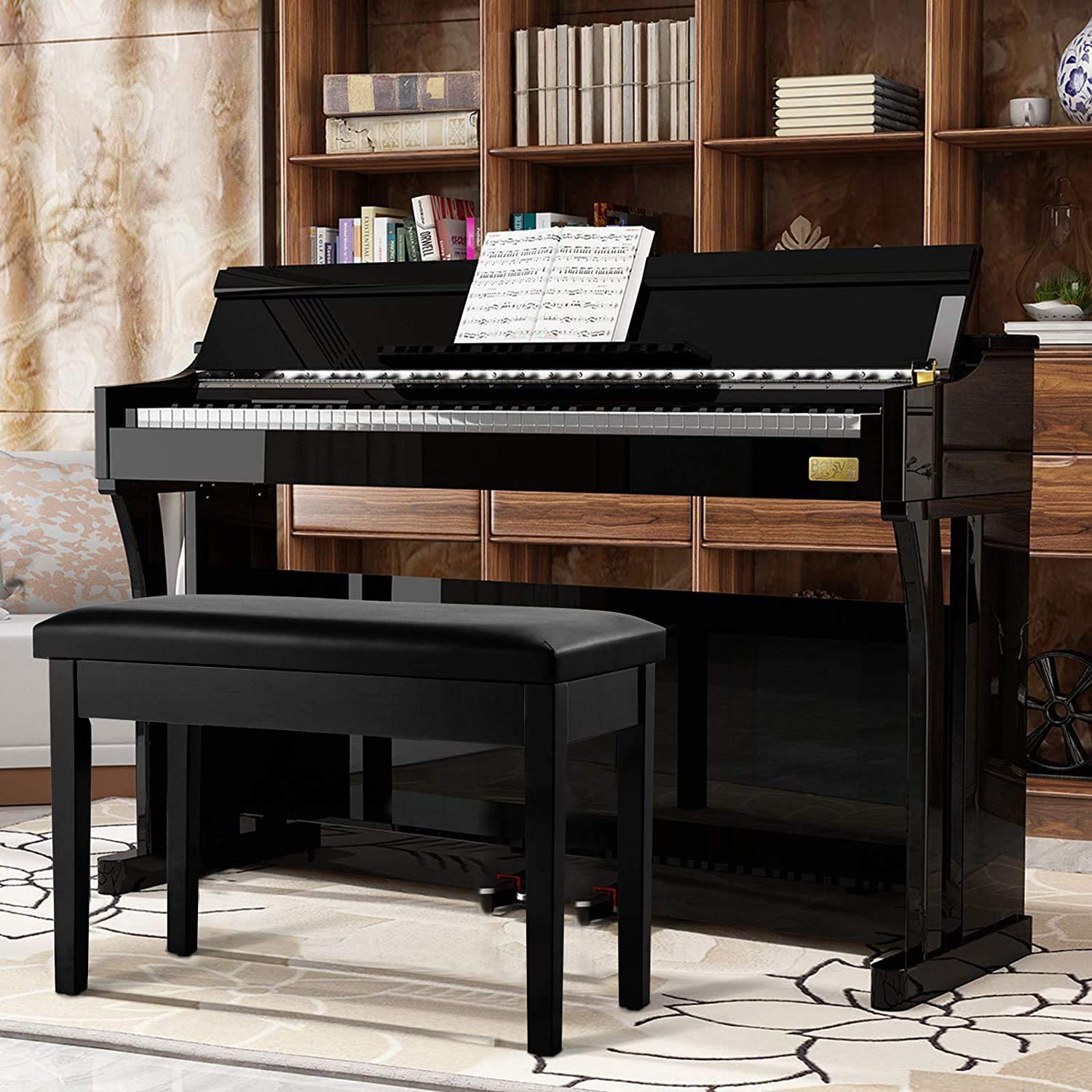 GOFLAME Duet Piano Bench, Black, PU Leather, Solid Wood Construction, Hidden Music Storage, 360 lbs