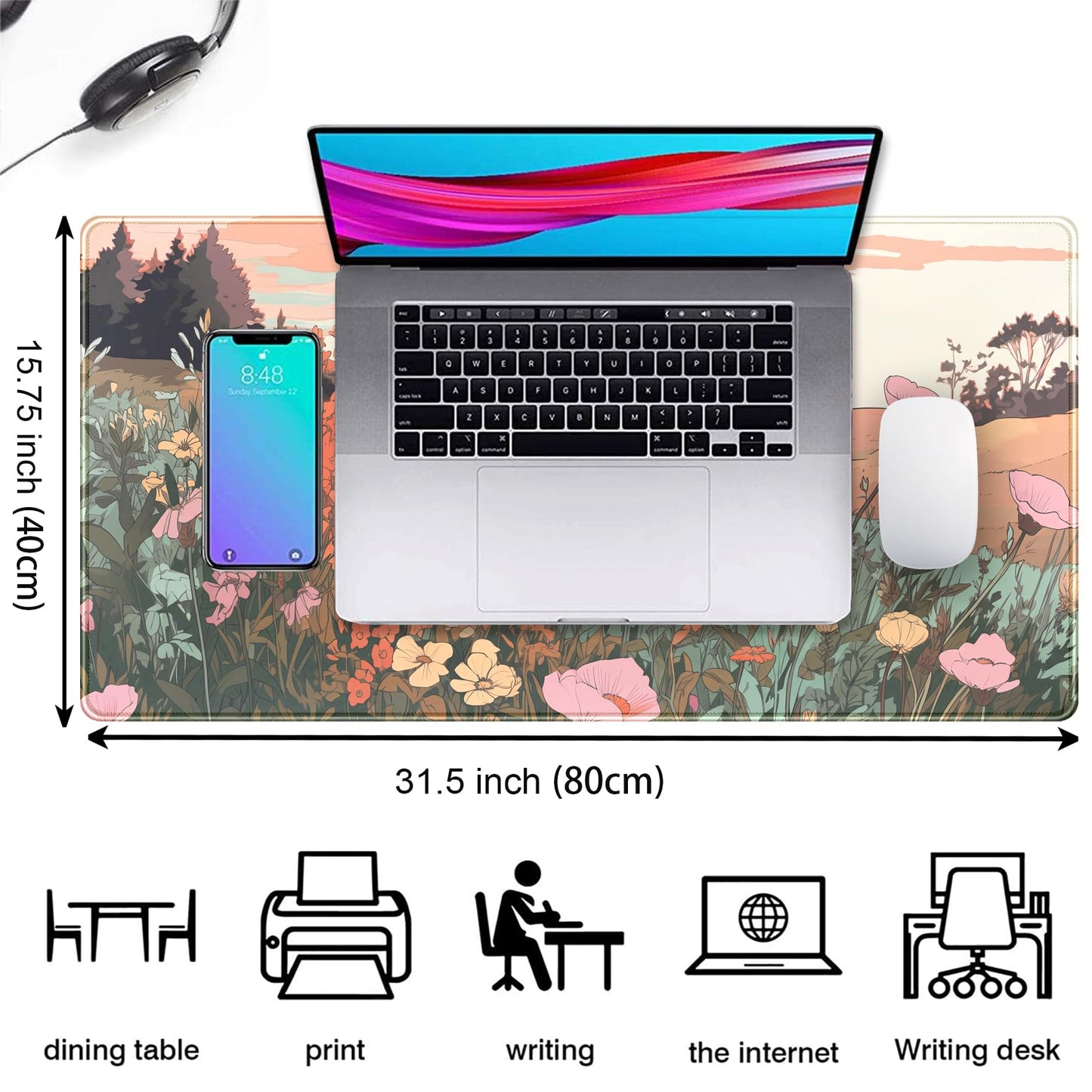 Desk Mouse Pad Large Desk Mat Botanical Flowers Mouse Mat Gaming, Extended Floral Keyboard Pad XXL