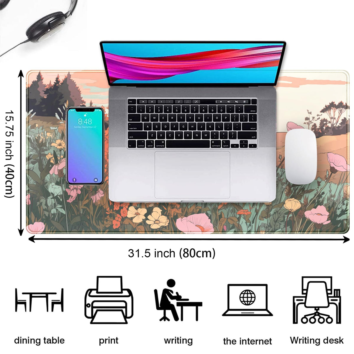 Desk Mouse Pad Large Desk Mat Botanical Flowers Mouse Mat Gaming, Extended Floral Keyboard Pad XXL