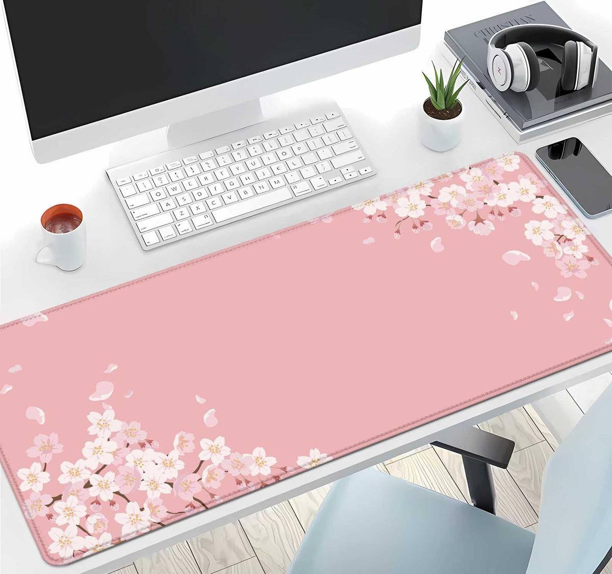 IMAYONDIA Pink Japanese Desk Mat, Cherry Blossom Large Gaming Mouse Pad, Non-Slip Rubber Base