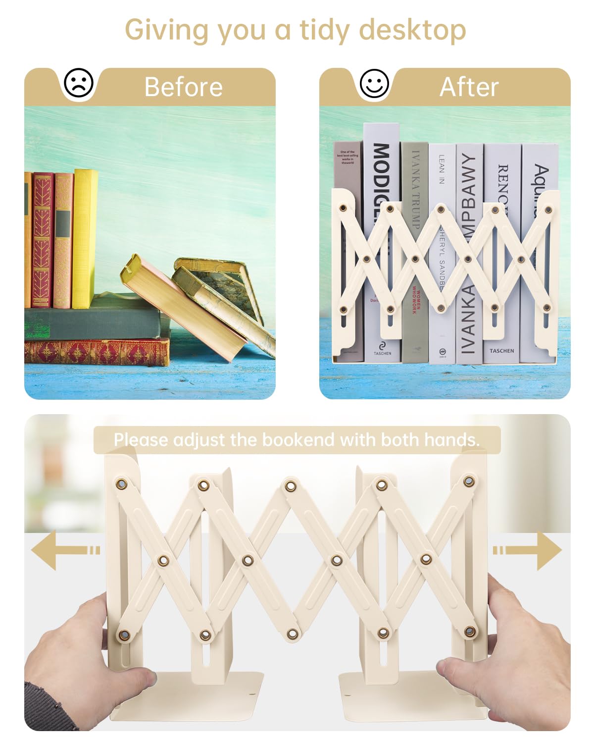 Honagu Adjustable Bookends, Metal Book Ends for Shelves Heavy Book, Desk Magazine File Organizer