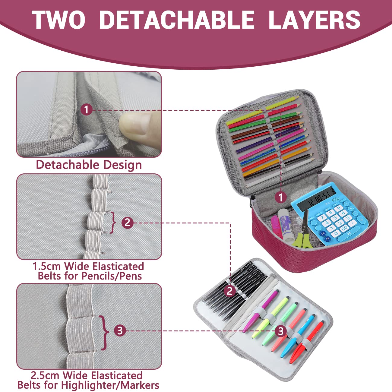 VASCHY Large Pencil Case, Art Color Pencils Pouch with Detachable Layers Multiple Zip Pockets for