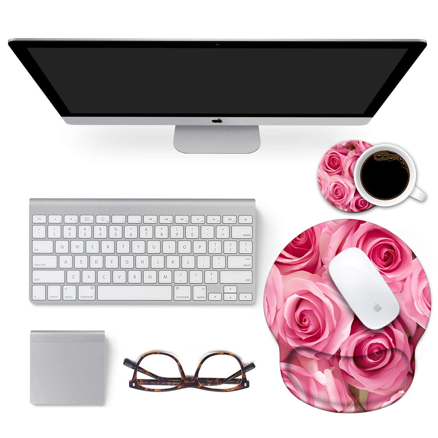 LOWORO Ergonomic Mouse Pad Wrist Support with Coasters Set, Cute Large Wrist Rest Pad with Non-Slip